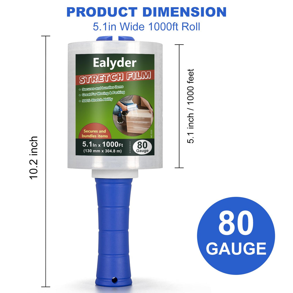 Ealyder Tape 2-Pack Industrial Mini Stretch Wrap Film 80 Gauge 5.1" 1000ft, Self-Adhering Clear Hand Stretch Wrap with Plastic Handle for Packing, Shipping, Moving & Pallet Bundling