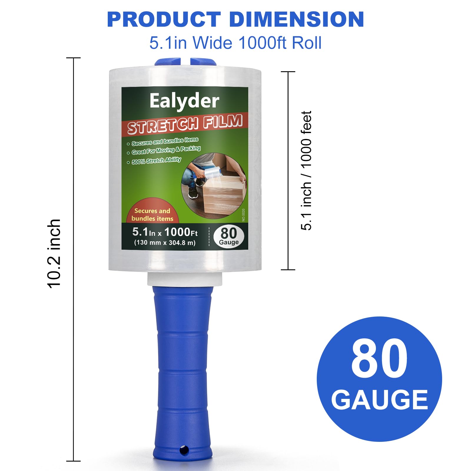 Ealyder Tape 2-Pack Industrial Mini Stretch Wrap Film 80 Gauge 5.1" 1000ft, Self-Adhering Clear Hand Stretch Wrap with Plastic Handle for Packing, Shipping, Moving & Pallet Bundling