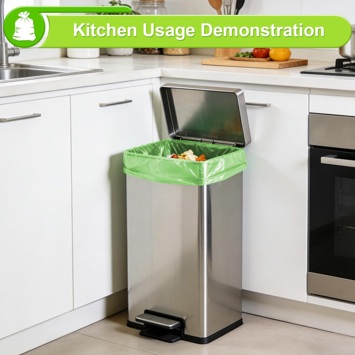 Biodegradable Garbage Bags 30L, 120 Counts Green Waste Bin Kitchen Bags, 8 Gallon Medium Unscented Trash Bags, Strong Bin Liners for Kitchen Home Use