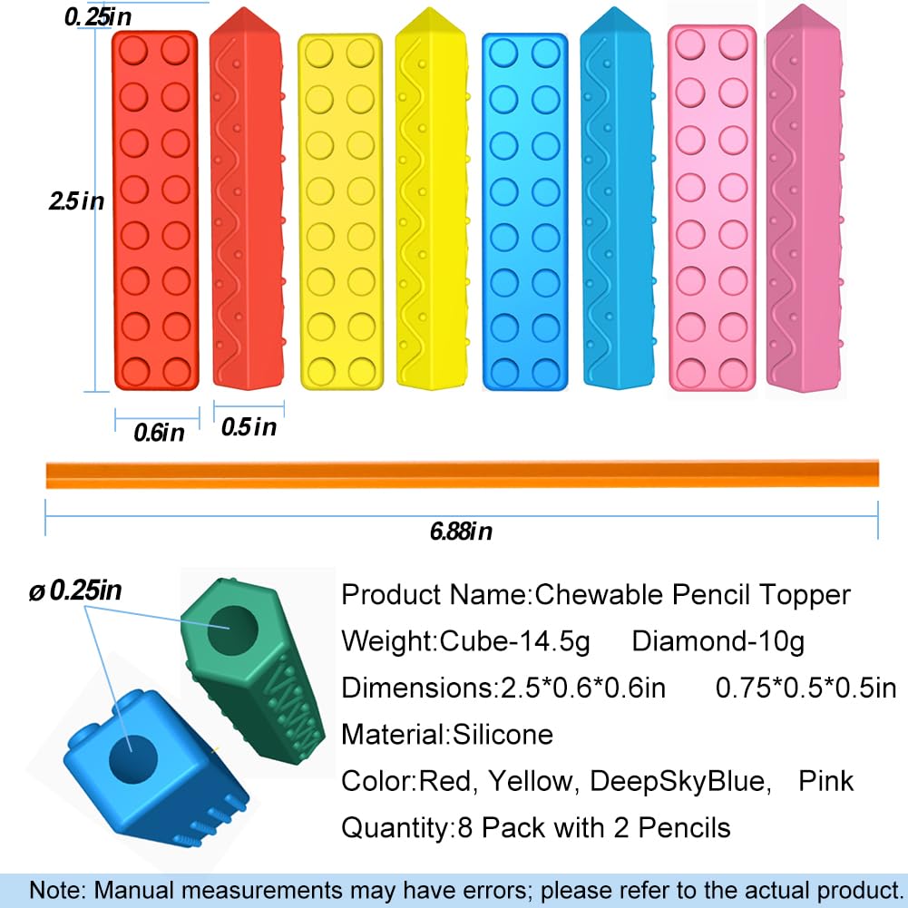 chewable Pencil Toppers,8 Pack with 2 Pencils,Chewy Pencil Toppers for Sensory Kids、Adults who Like to chew (Dark Color)