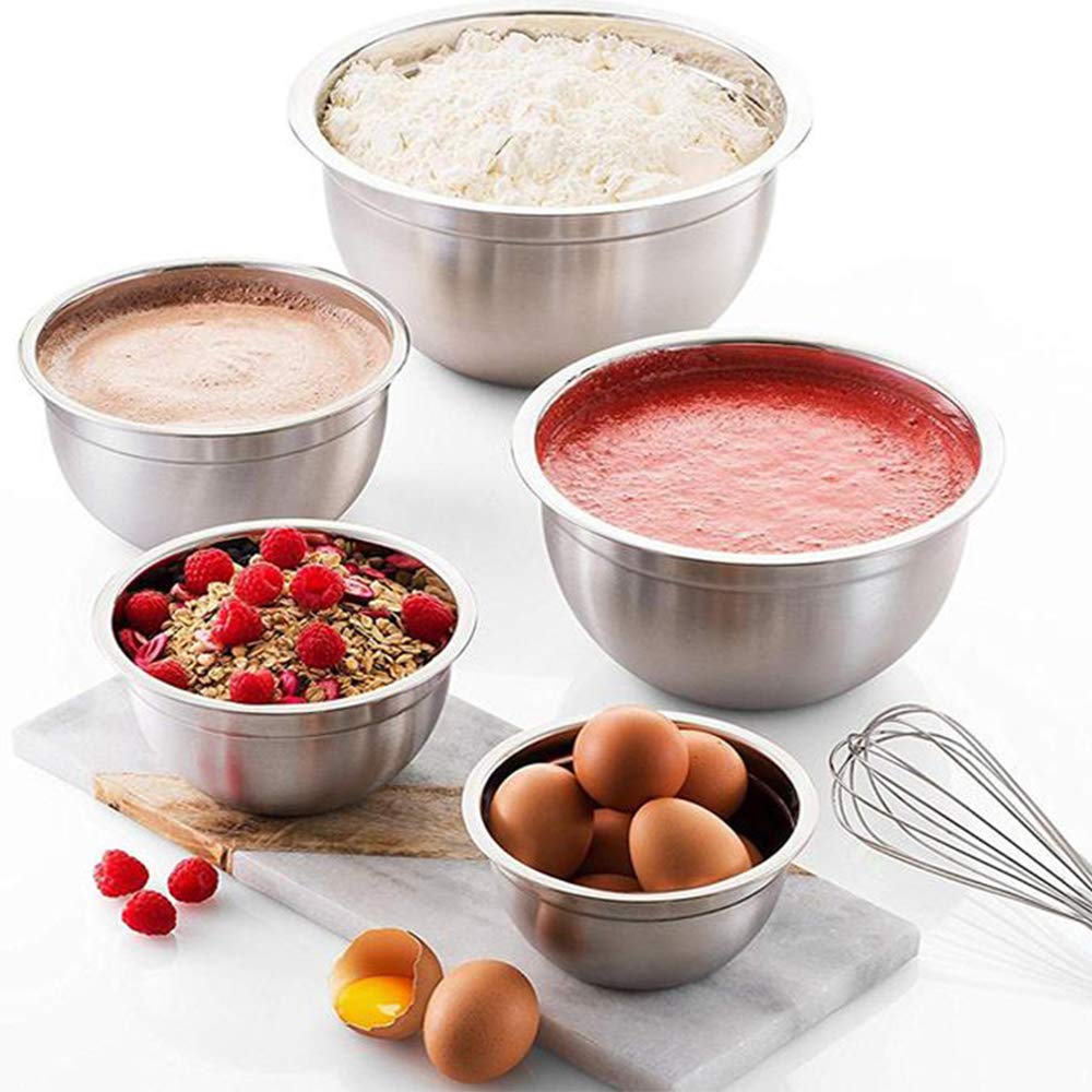 Mixing Bowls with Airtight Lids, Stainless Steel Nesting Bowls Set of 5 for Space Saving Storage, Wide Rim for Easy Grip or Pouring, for Mixing Cooking Baking Prepping and Food Storage