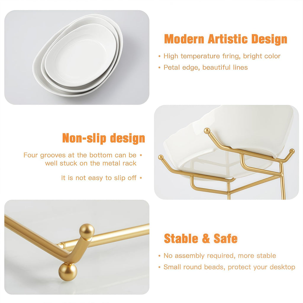 HOMKULA Fruit Bowl for Kitchen Counter - 2 Tier Ceramic Serving Bowls with Metal Stand, Tiered Fruit Basket for Fruit Vegetable Storage, Snack, Nuts, Cake, Dessert, Small & Cute (Gold&White) 1
