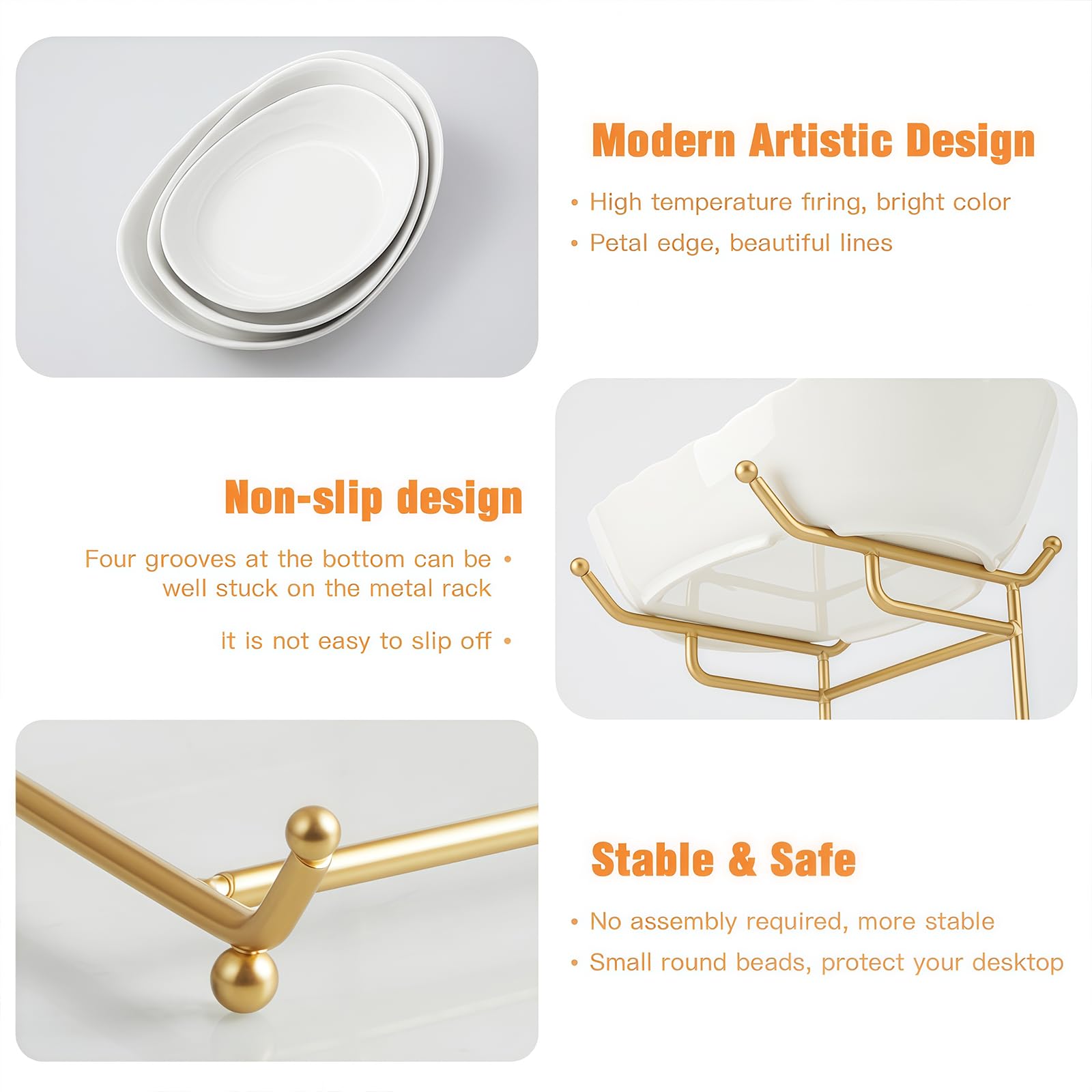 HOMKULA Fruit Bowl for Kitchen Counter - 2 Tier Ceramic Serving Bowls with Metal Stand, Tiered Fruit Basket for Fruit Vegetable Storage, Snack, Nuts, Cake, Dessert, Small & Cute (Gold&White) 1