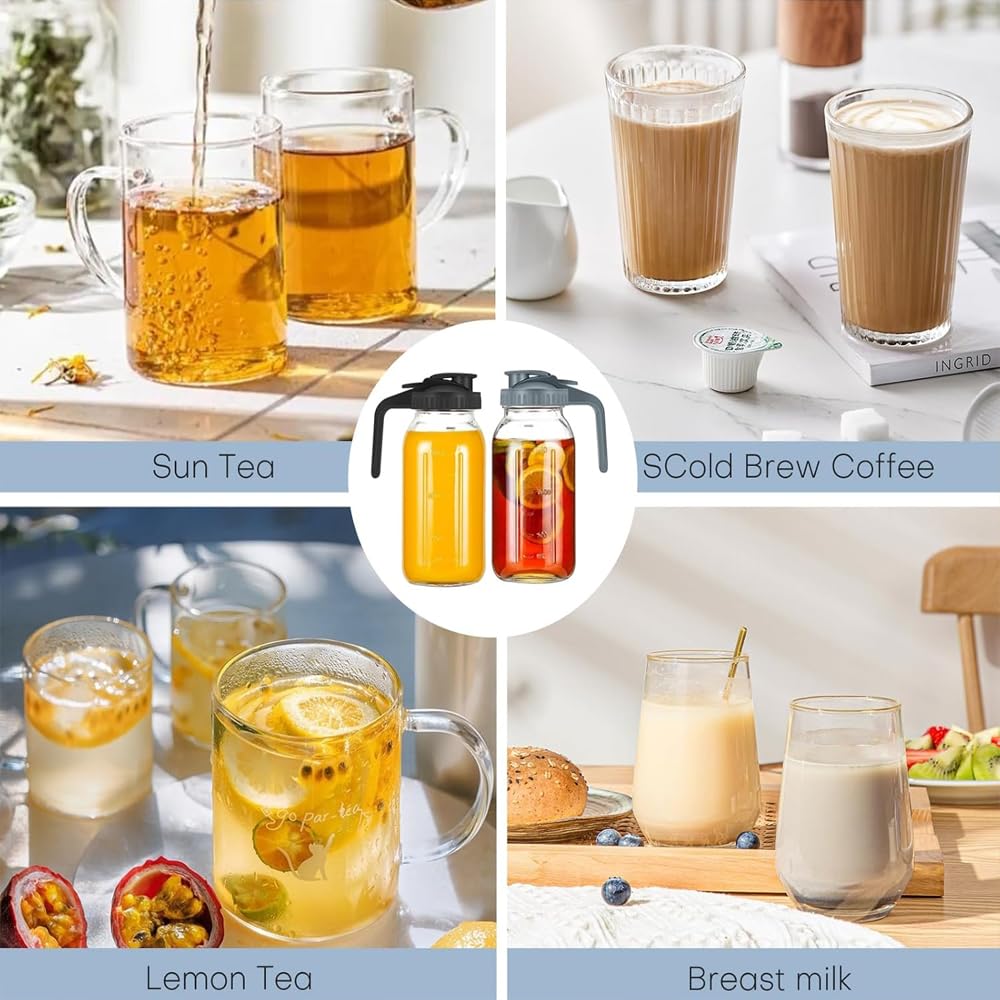 2 Pack 64oz 2 Quart Glass Mason Jar Pitcher Wide Mouth Jug with Lid and Pour Spout Airtight Seal Leak Proof for Iced Tea Milk Juice Cold Beverages Coffe (Black+Gray, 10.2X 4.3inch)