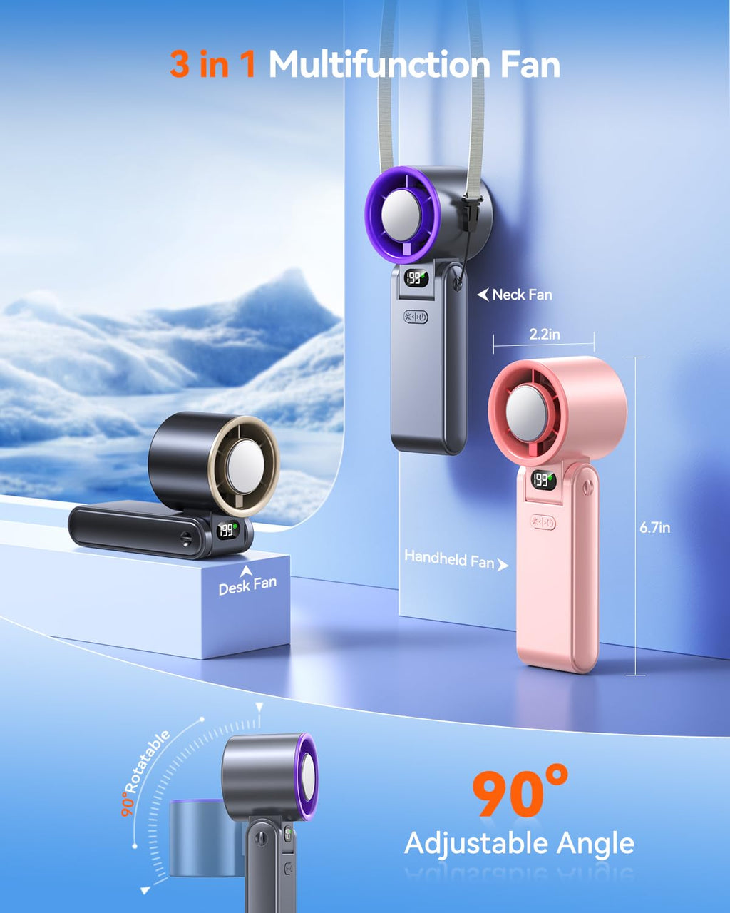 Portable Handheld Turbo Fan with Ice Cooler, 199 Speed Personal Fan,5500mAh Rechargeable,20H Cooling Time,20000 RPM Powerful Silent Motor, Summer Essential for Travel/Outdoor/Office, Grey Purple