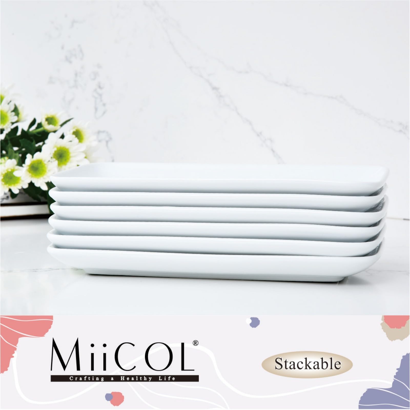 Miicol Small Platters Set of 6, Ceramic Rectangle Plates 9 Inch / 23 cm, Modern Sushi Plate Set, White Serving Dishes for Serving Food, Appetizer, Dessert, Dinner, Party