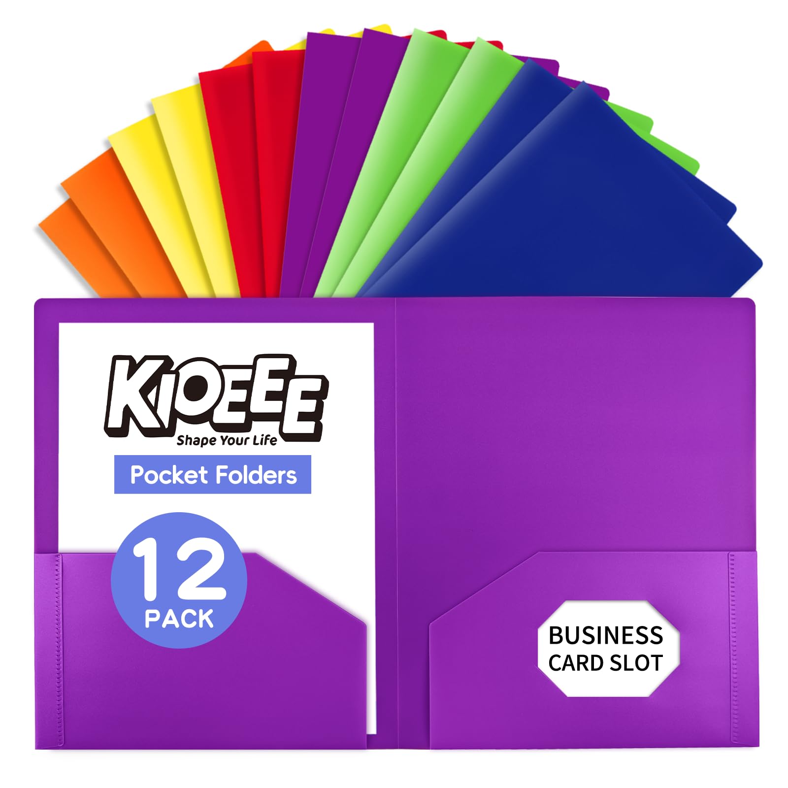 KIOEEE Heavy Duty Plastic Folders with 2 Pockets (12 Pack),Fit Letter Size Paper, Business Card Slot, Assorted Colors for School,Office and Home