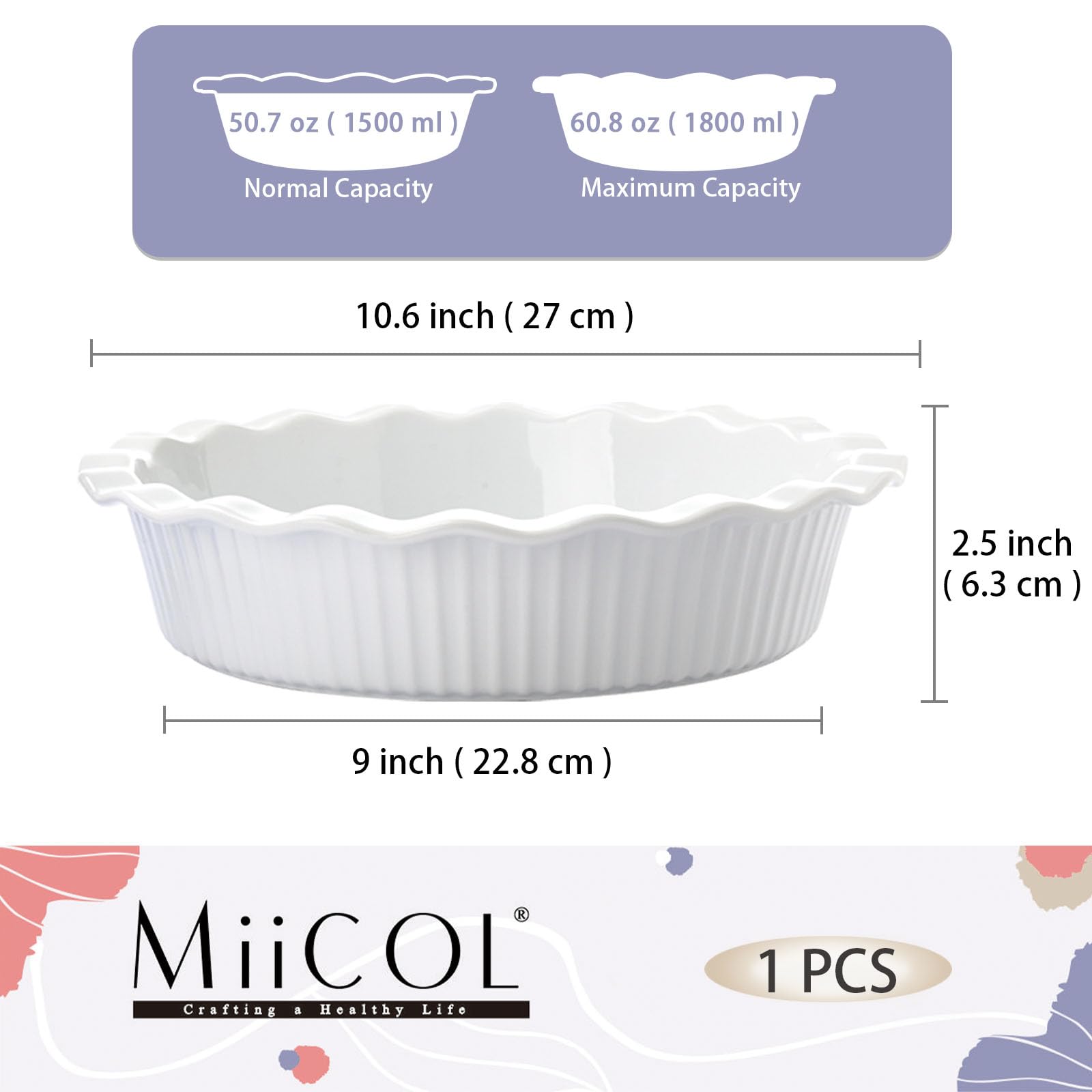 Miicol White Ceramic Pie Pan, 50 oz / 1500 ml Ripple Edge Deep Baking Dish, 9 Inch / 22 cm Round Ceramic Pie Plate, Suitable for Quiche, Apple Pie, Meat Pie, Ideal Gift for Baking Lovers