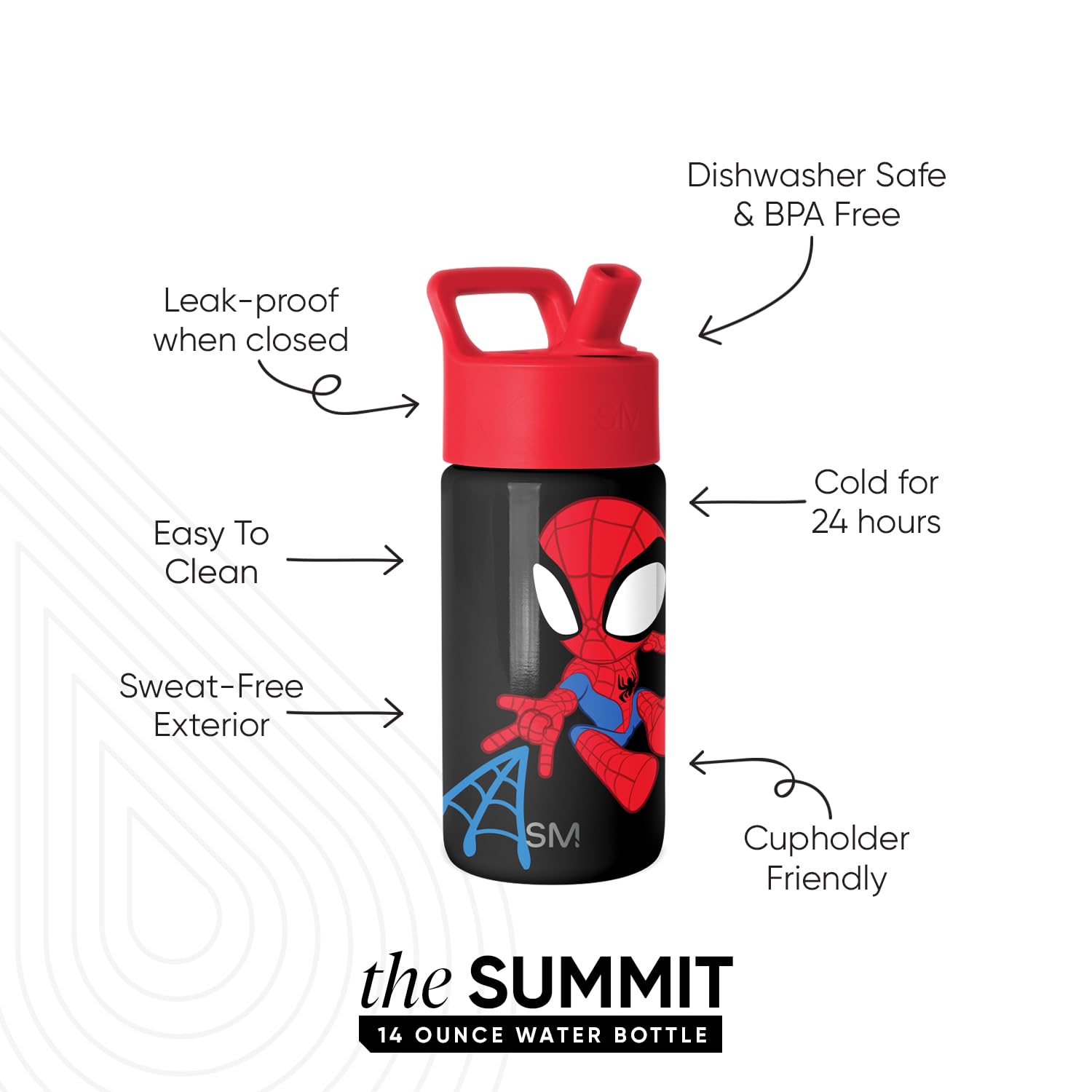 Simple Modern Spiderman Kids Water Bottle with Straw Lid | Marvel Insulated Stainless Steel Reusable Tumbler Gifts for School, Toddlers, Boys | Summit Collection | 14oz, Spidey Kid