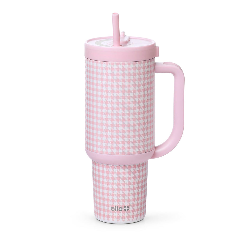 Ello Oasis 30 oz Tumbler with Handle & Retracting Straw | Reusable Insulated Stainless Steel Cup 100% Leakproof, Gifts for Teens Women Men | Keeps Cold for 24 Hours, Cup Holder Friendly, Pink Gingham
