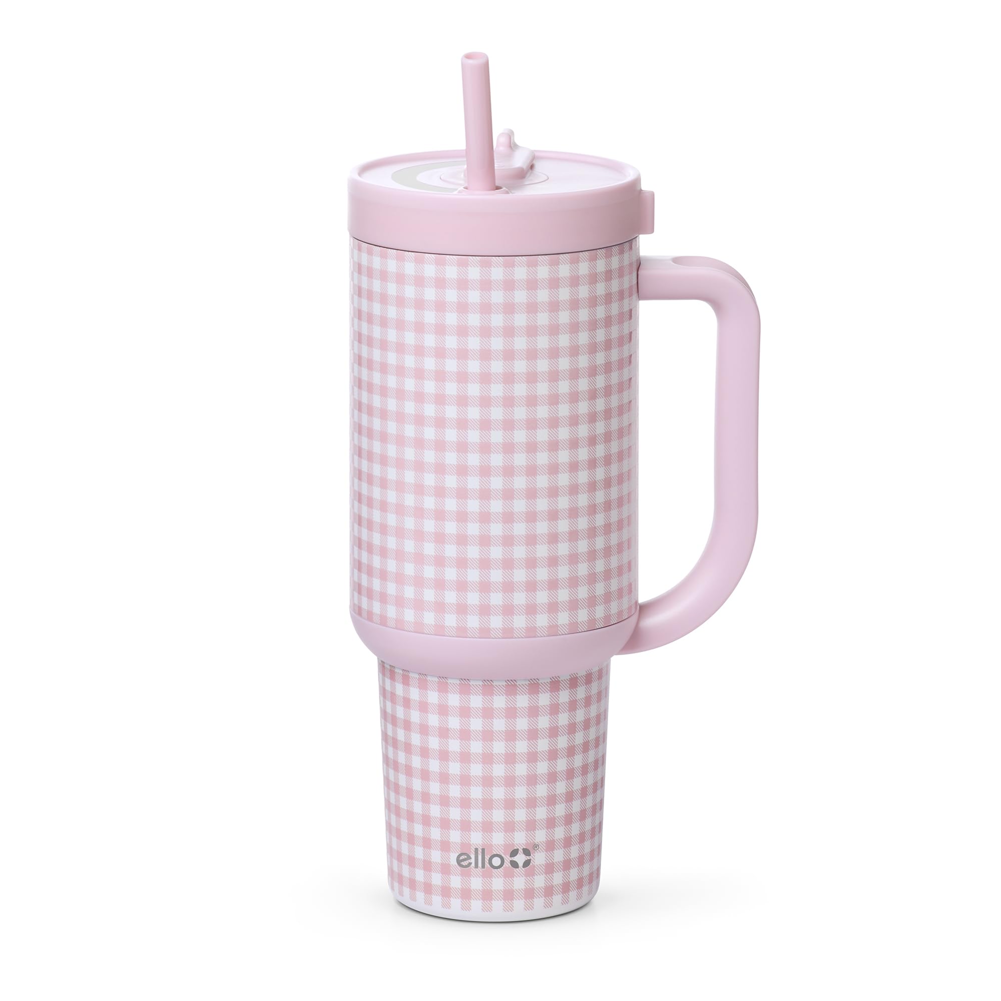 Ello Oasis 30 oz Tumbler with Handle & Retracting Straw | Reusable Insulated Stainless Steel Cup 100% Leakproof, Gifts for Teens Women Men | Keeps Cold for 24 Hours, Cup Holder Friendly, Pink Gingham