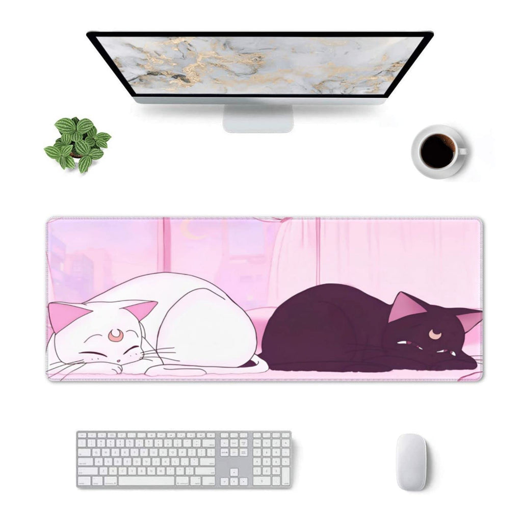 Anime Kawaii Gaming Mouse Pad Cute White Cat Black Cat Large Desk Office Decor Exclusive Beautiful Girls Mouse Pad for Women Mouse Mat Desk Pad 31.5x11.8in Non-Slip Rubber Base with Stitched Edges
