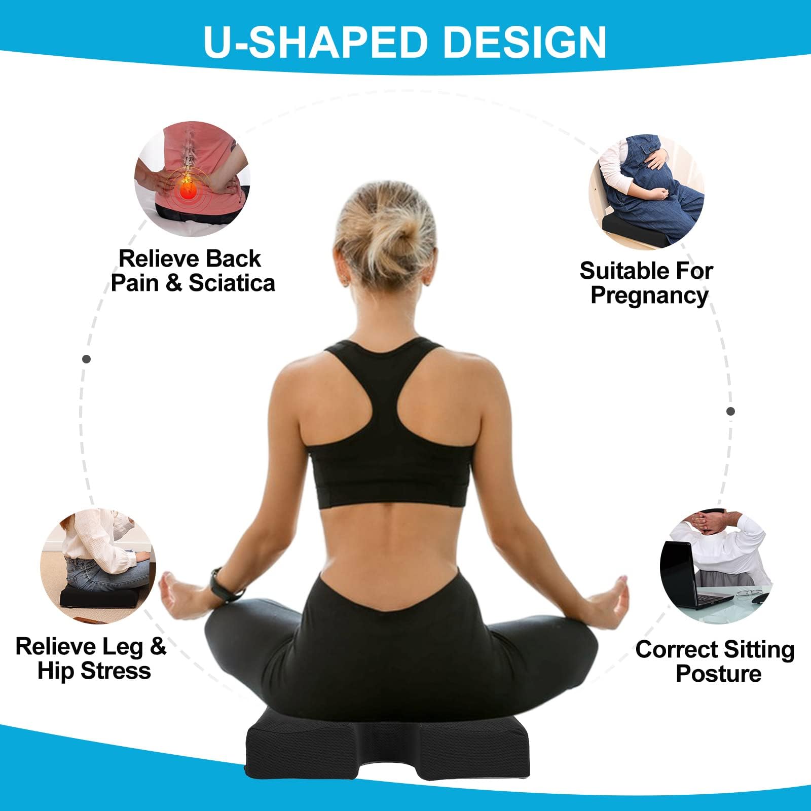 HAVARGO Memory Foam Seat Cushion 4 Inch Thick Chair Cushion Dual-Layer Supportive Pressure Relief Ergonomic Butt Pillow with Handle, U-Shaped