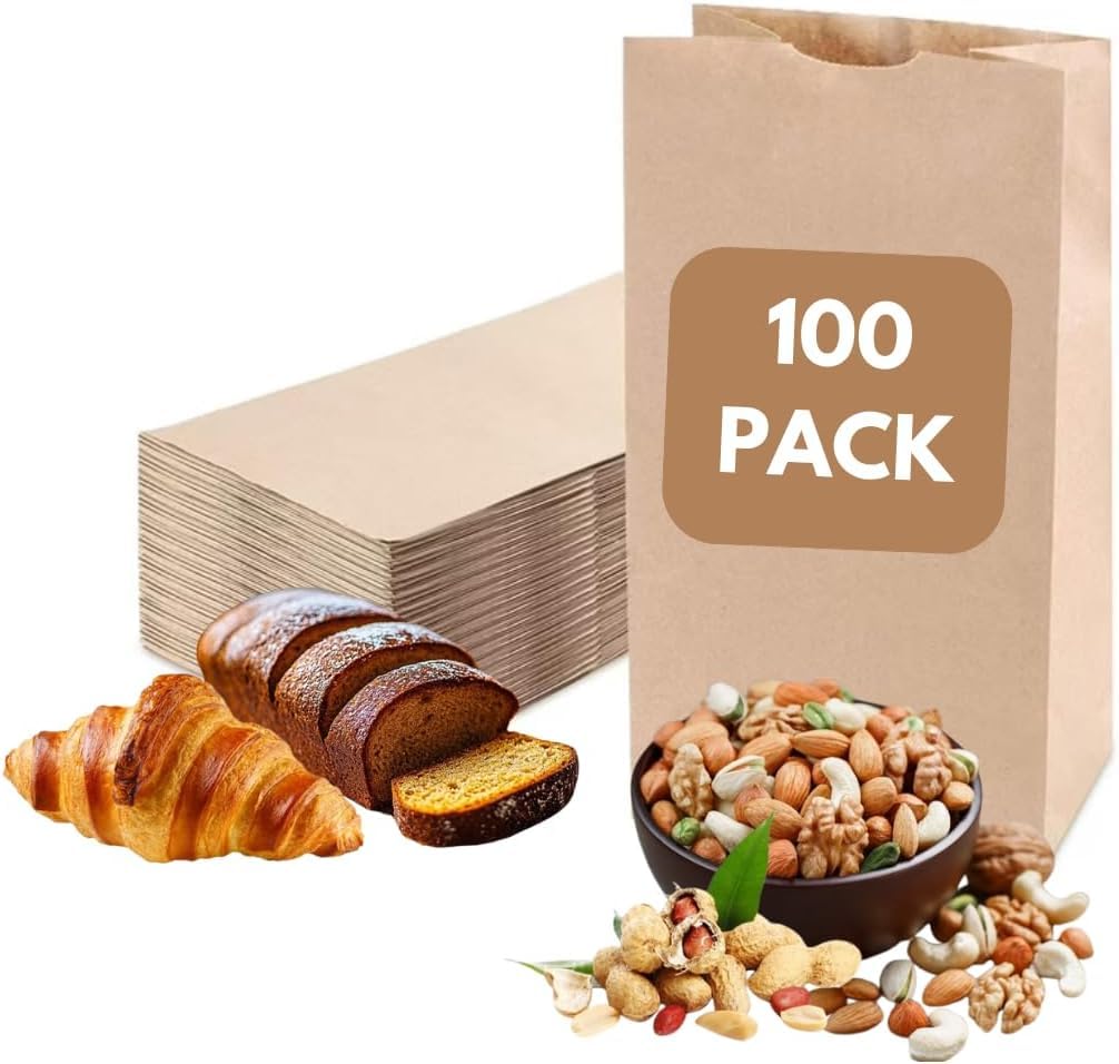 Excellent 100 Pack Brown Paper Bags for Food - 5.9 x 3.5 x 11 inches 8Lb Capacity Paper Grocery Bags for Breads, Snacks, Cookies - Kraft Paper Bags for Small Businesses