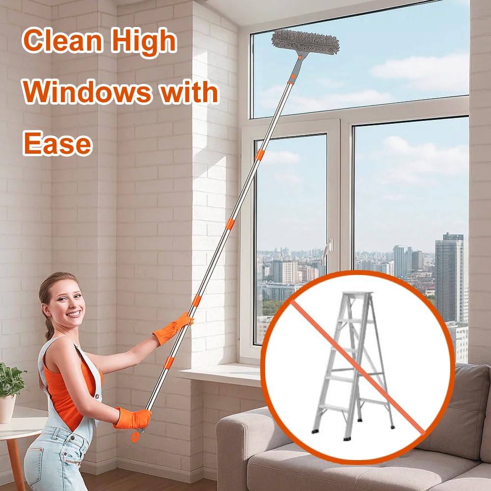 Window Cleaning Tools Window Squeegee: with Extendable Pole 72 Inch - Microfiber Scrubber - for Indoor & Outdoor Glass, Car,High Windows