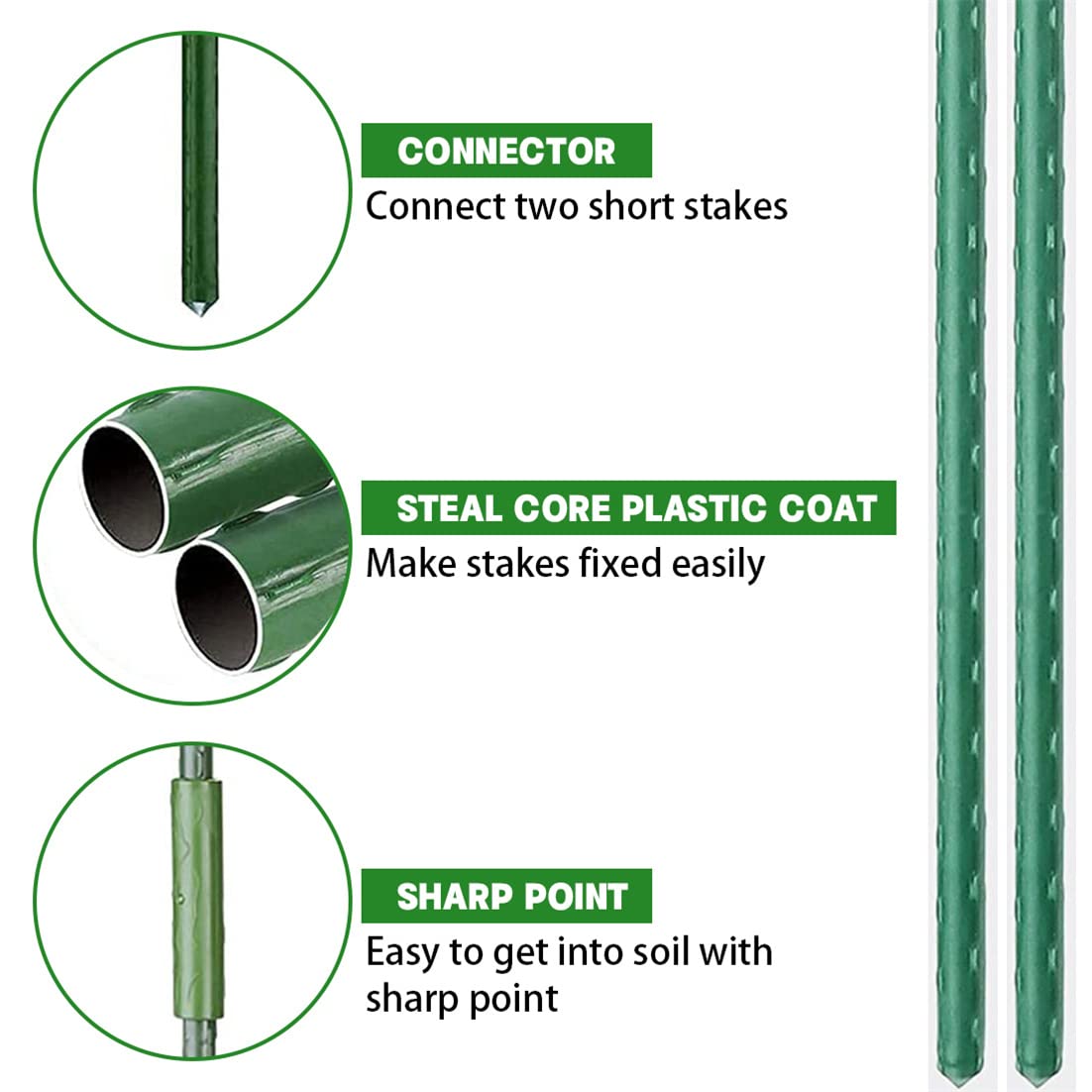 Garden Stakes, Plant Support Sticks Sturdy Gardening Plant Support Stake 20PCS Plastic Coated Steel Core Plant Sticks with 5PCS Connector for Climbing Plants Beans and Shrubs(41CM Length)