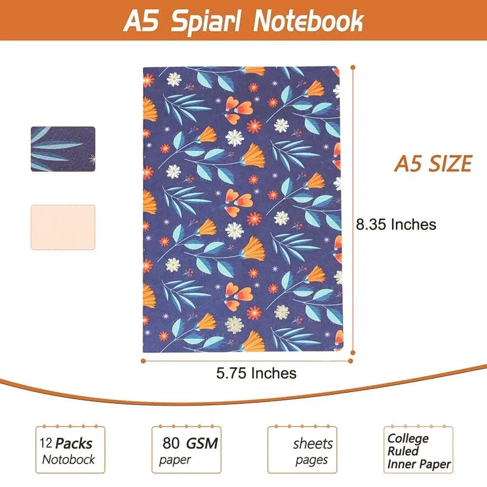 Pack of Journals for Writing A5 Travelers Notebook Bulk Set - 12 Pack with 60 Lined Pages, 30 Sheets, and Embossed Cover in Floral Bliss Pattern (5.75 x 8.35 Inches)