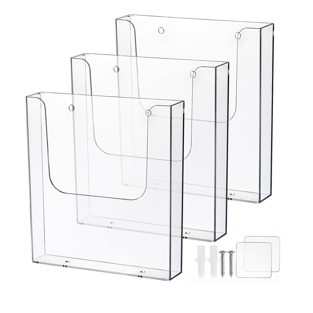 MEISO 3 Pack Acrylic Brochure Holder Wall Mount - Clear Durable Literature Organizer for Pamphlets Flyers Clear Plastic Literature Holder for Flyers Magazines - Space-Saving Office/Retail Display