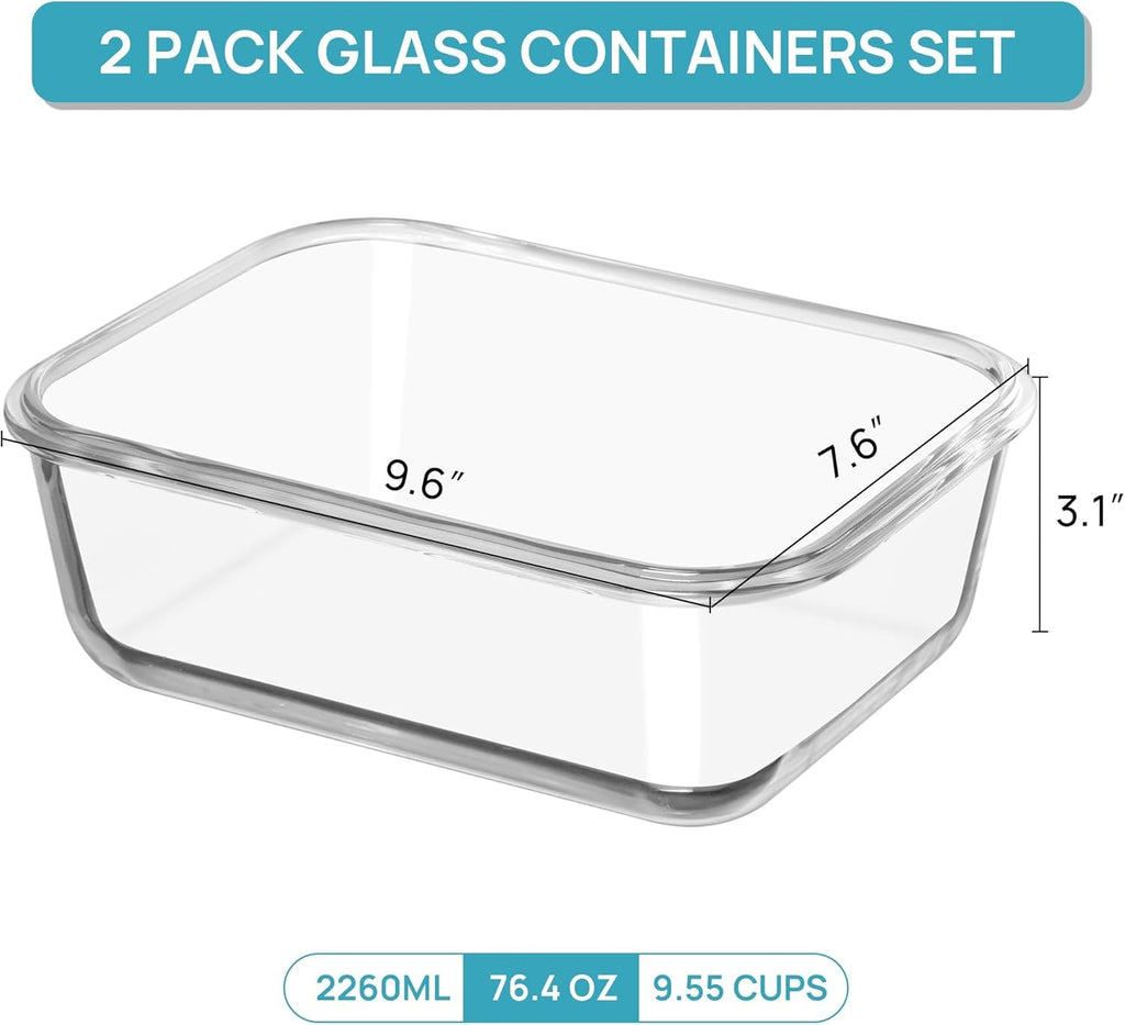 Vtopmart 2Pack 2260ml/ 76.4oz Extra Large Glass Container Food Storage with Lids, Meal Prep Container Set with Snap Airtight Lid for Baking, Microwave, Oven, Leak Proof, for Freezer, Dishwasher, Green
