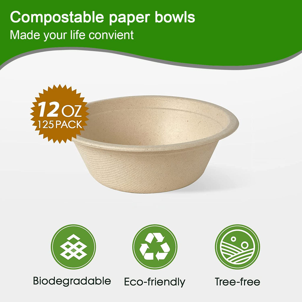 Paper Bowls Disposable Bowls [125-Pack], Eco-Friendly Compostable Bowls Made of Bagasse or Sugarcane Fiber, Heavy-Dut Natural Biodegradable Bowl for Dinner, Party Supplies (12 oz)