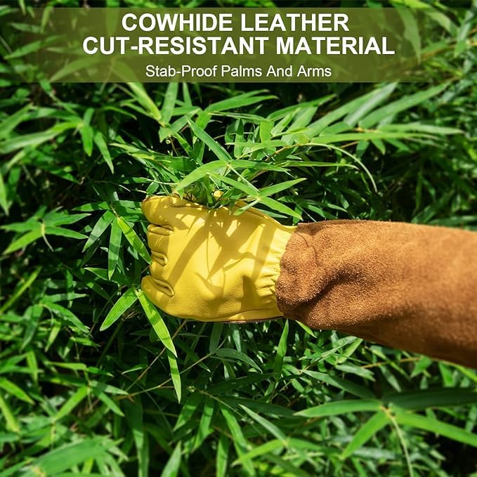 Long Gardening Gloves for Women Thorn Proof,Rose Pruning Cowhide Leather Garden Glove for Work,Cactus, Rose, Blackberry and Gifts (Yellow brown, Medium)