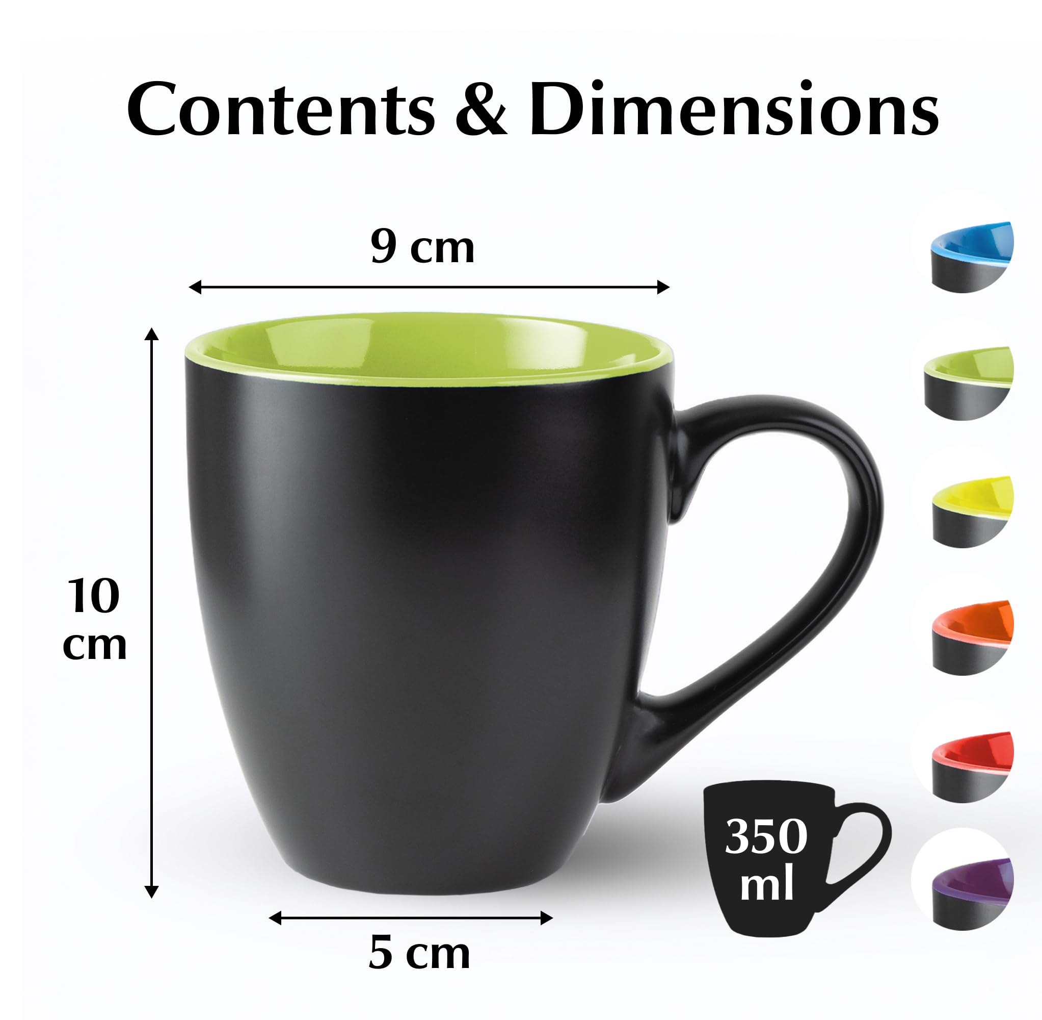 MIAMIO - 6 x 350 ml Stoneware Coffee Mug/Cup Set - Le Papillon Collection (Black-Colorful)