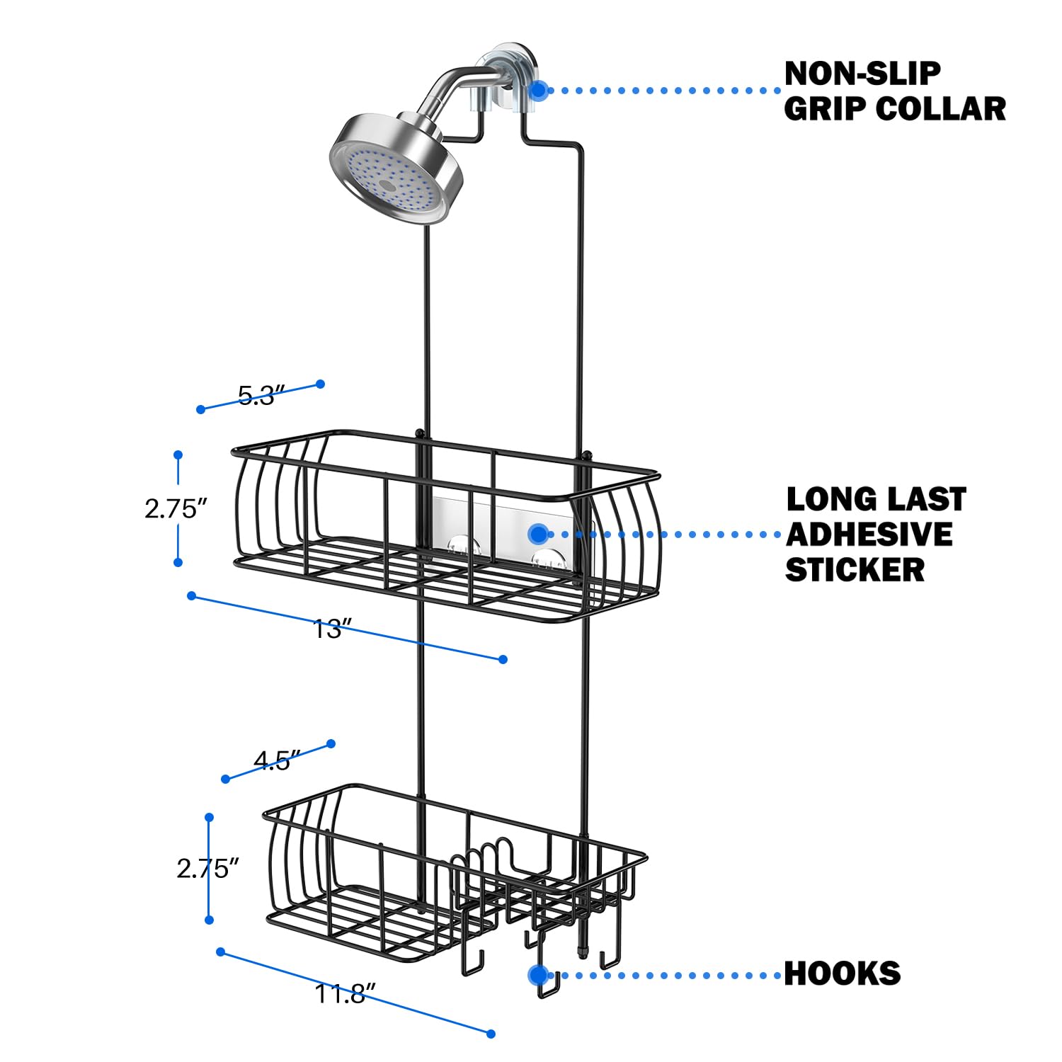 Epicano Anti-Swing Hanging Shower Caddy, Over Head Shower Caddy Rustproof with Hooks for Towels, Sponge and More, Metal Black