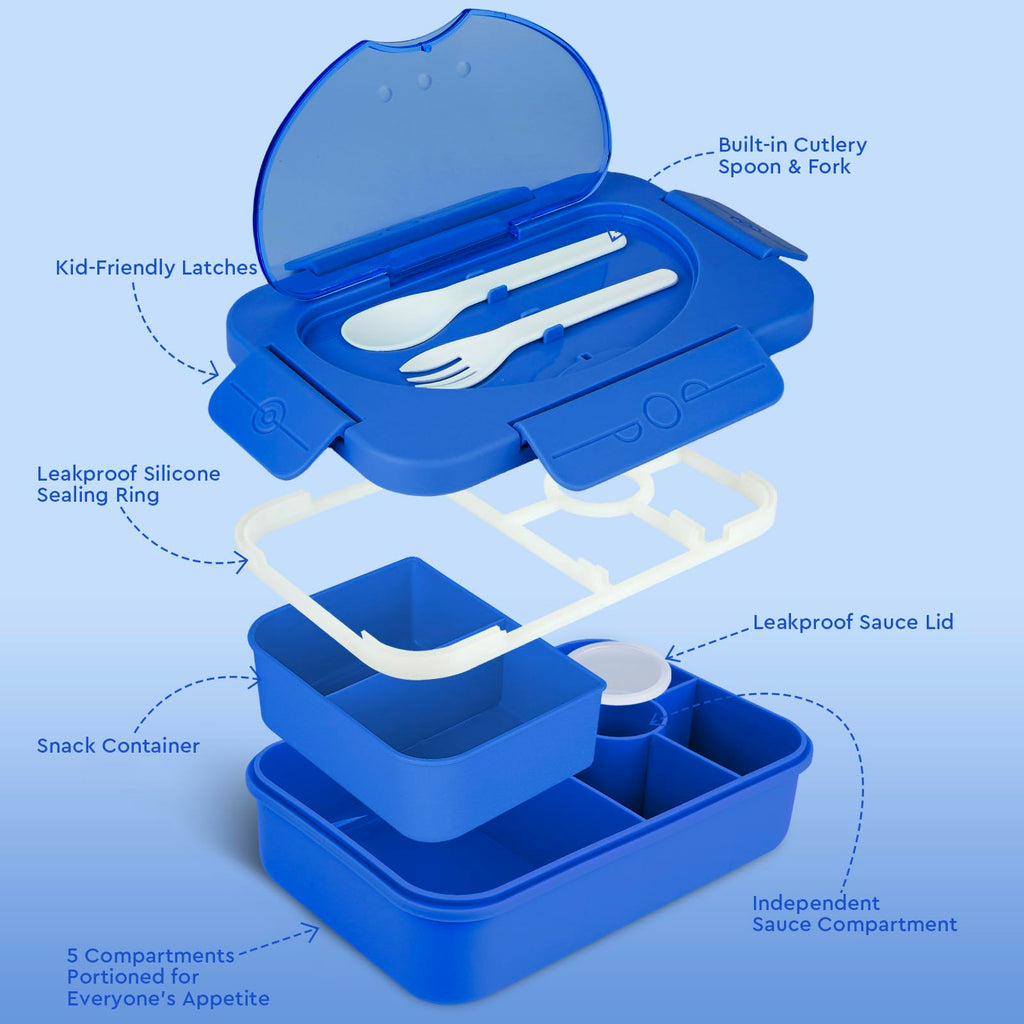 Lunbxx Kids Lunch Box, Bento Lunch Boxes for Kids, 5 Compartments Lunch Containers for Adults Kids,Bento Box Adult Lunch Box with Utensil Reusable & Leakproof (Bright Blue)