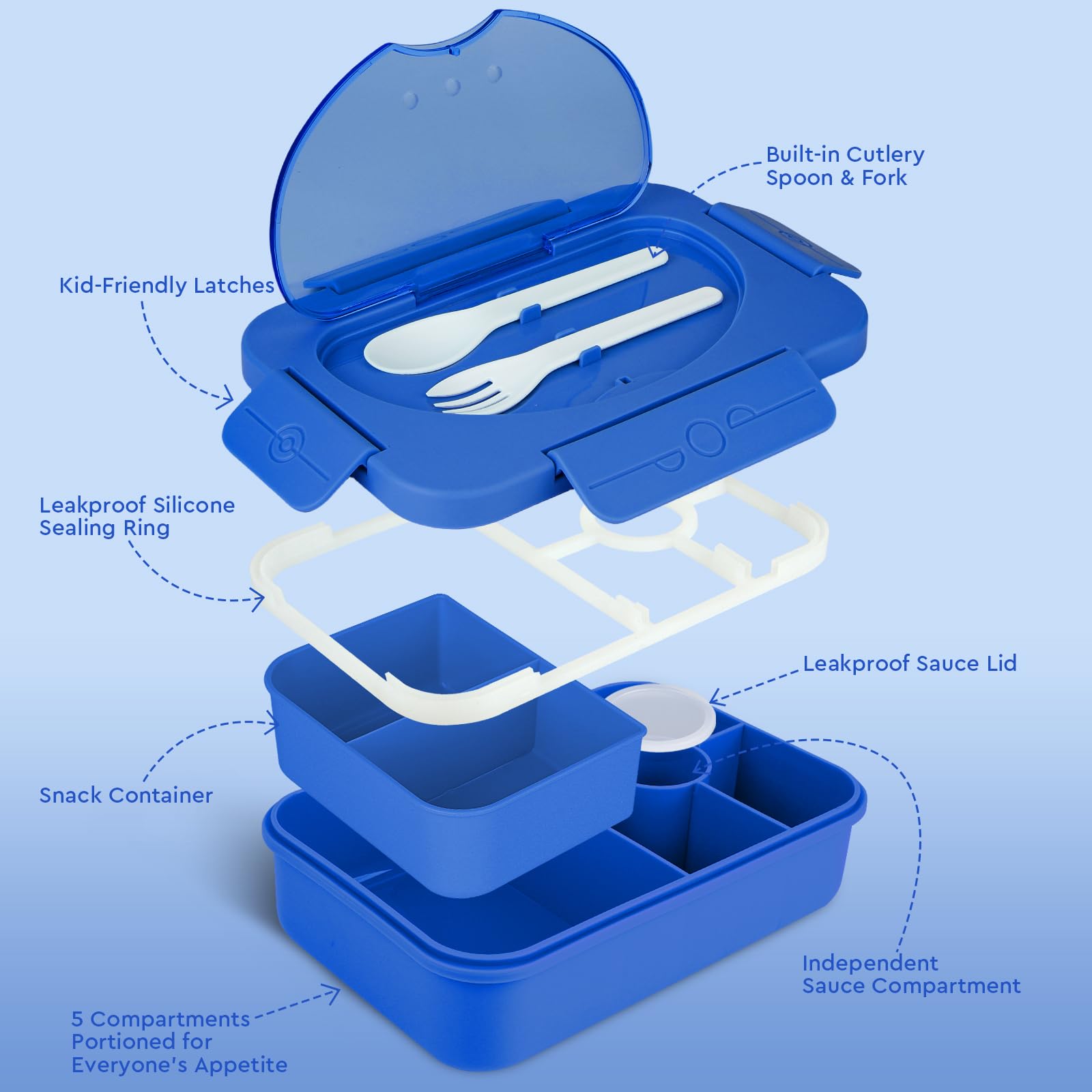 Lunbxx Kids Lunch Box, Bento Lunch Boxes for Kids, 5 Compartments Lunch Containers for Adults Kids,Bento Box Adult Lunch Box with Utensil Reusable & Leakproof (Bright Blue)