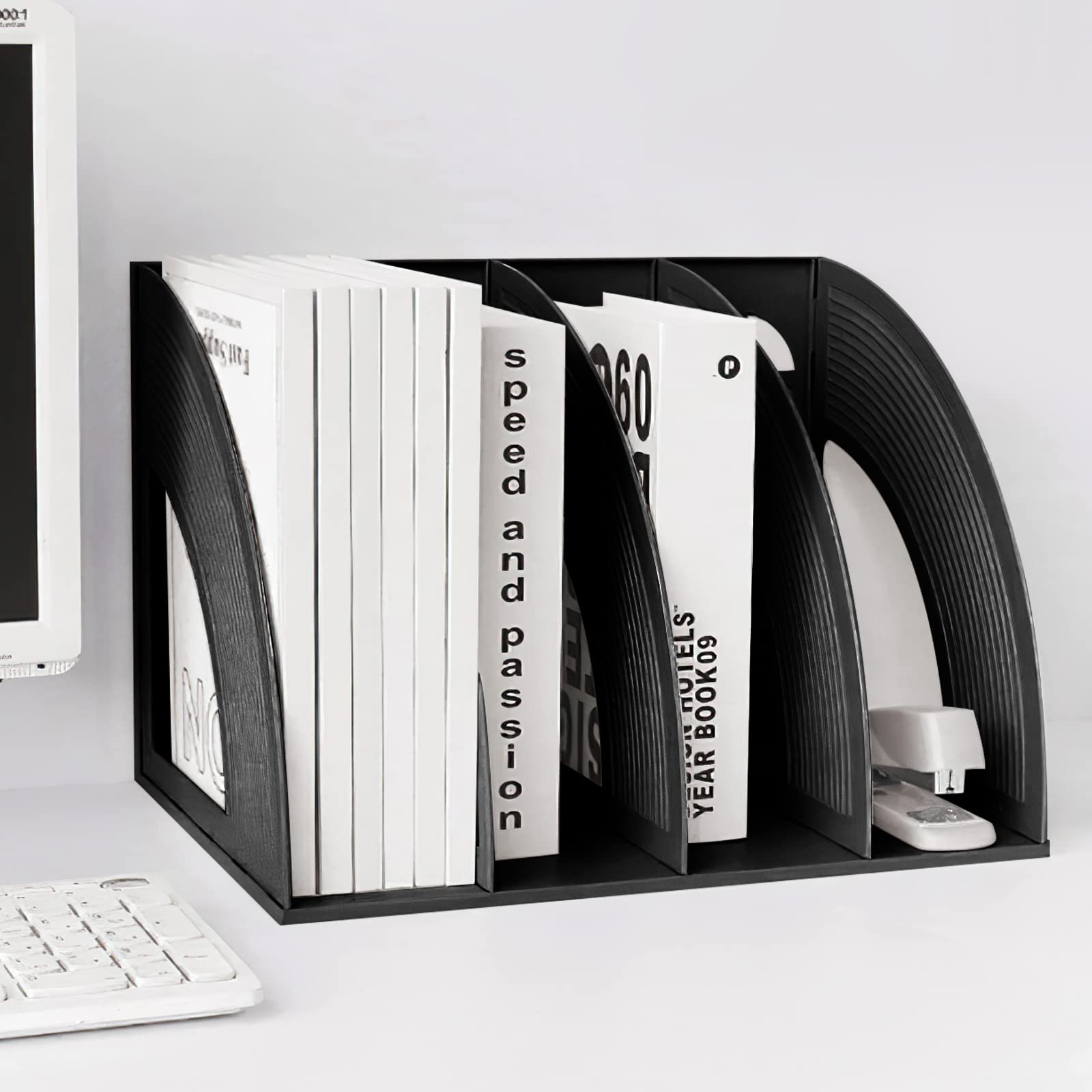 Marte Vanci Magazine File Holder Plastic Desk Storage Organizer 33 x 23.5 x 23.5cm Vertical File Folder Holder for Paper Magazine Documents and Books (Black 4 Sections)