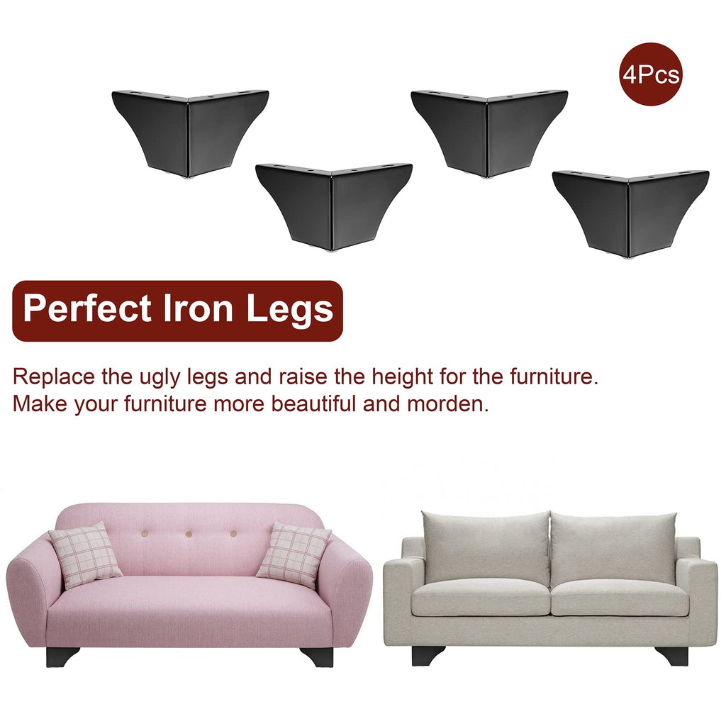 JuxYes Pack of 4 Furniture Legs with Screw,3 Inch Black Sofa Cabinet Legs, Non-Slip Replacement Legs with Rubber Protector for Table, Cupboard,Couch Chair,Bookcase,Cabinet Dresser,Bed