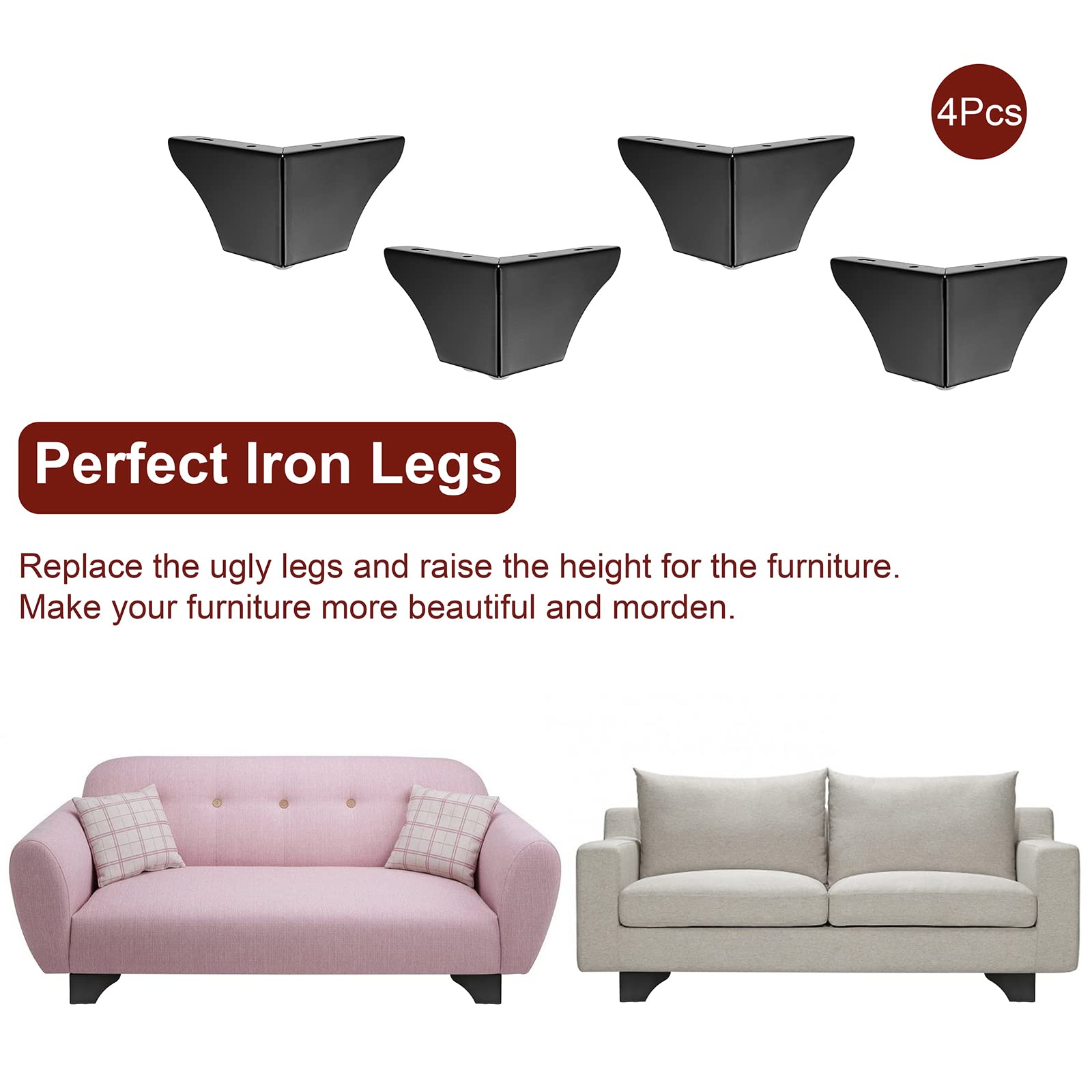 JuxYes Pack of 4 Furniture Legs with Screw,3 Inch Black Sofa Cabinet Legs, Non-Slip Replacement Legs with Rubber Protector for Table, Cupboard,Couch Chair,Bookcase,Cabinet Dresser,Bed