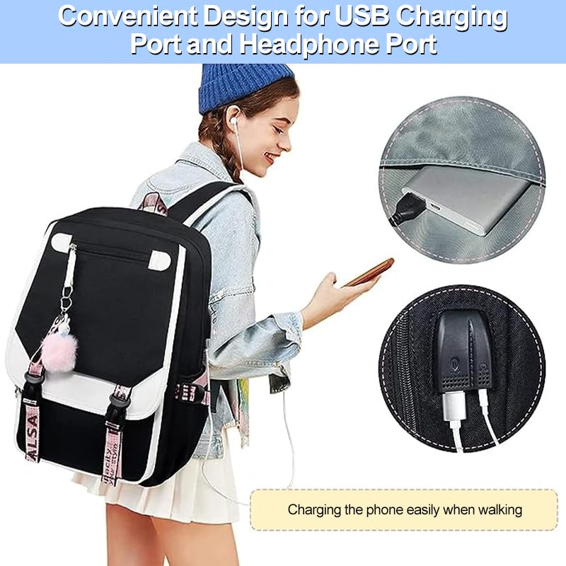 Uplayteck School Backpack 20 Liter Capacity, Black Waterproof with Laptop Compartment | Side Headphone Jack and USB Charging Port | Multiple Pockets | Cute Style for Girls, Kids and Teenagers
