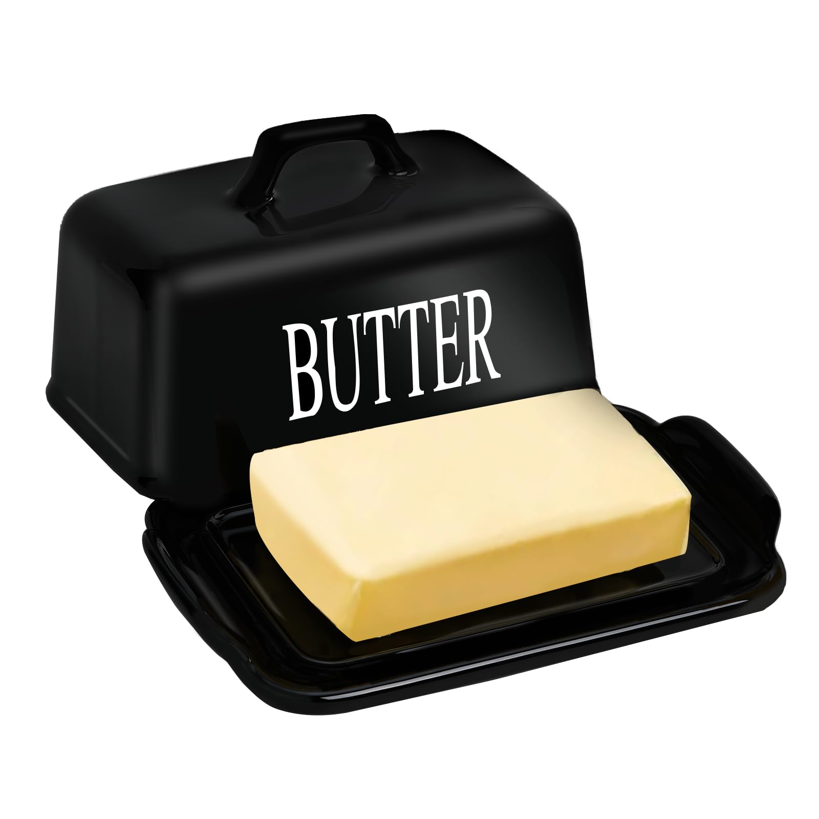 KAIBARE Butter Dish for 1 LB of Canadian Butter, Large Porcelain Butter Keeper with Lid Fit an Entire Pound Brick of Butter, Ceramic Butter Container for Countertop, Butter Storage, Color: Black