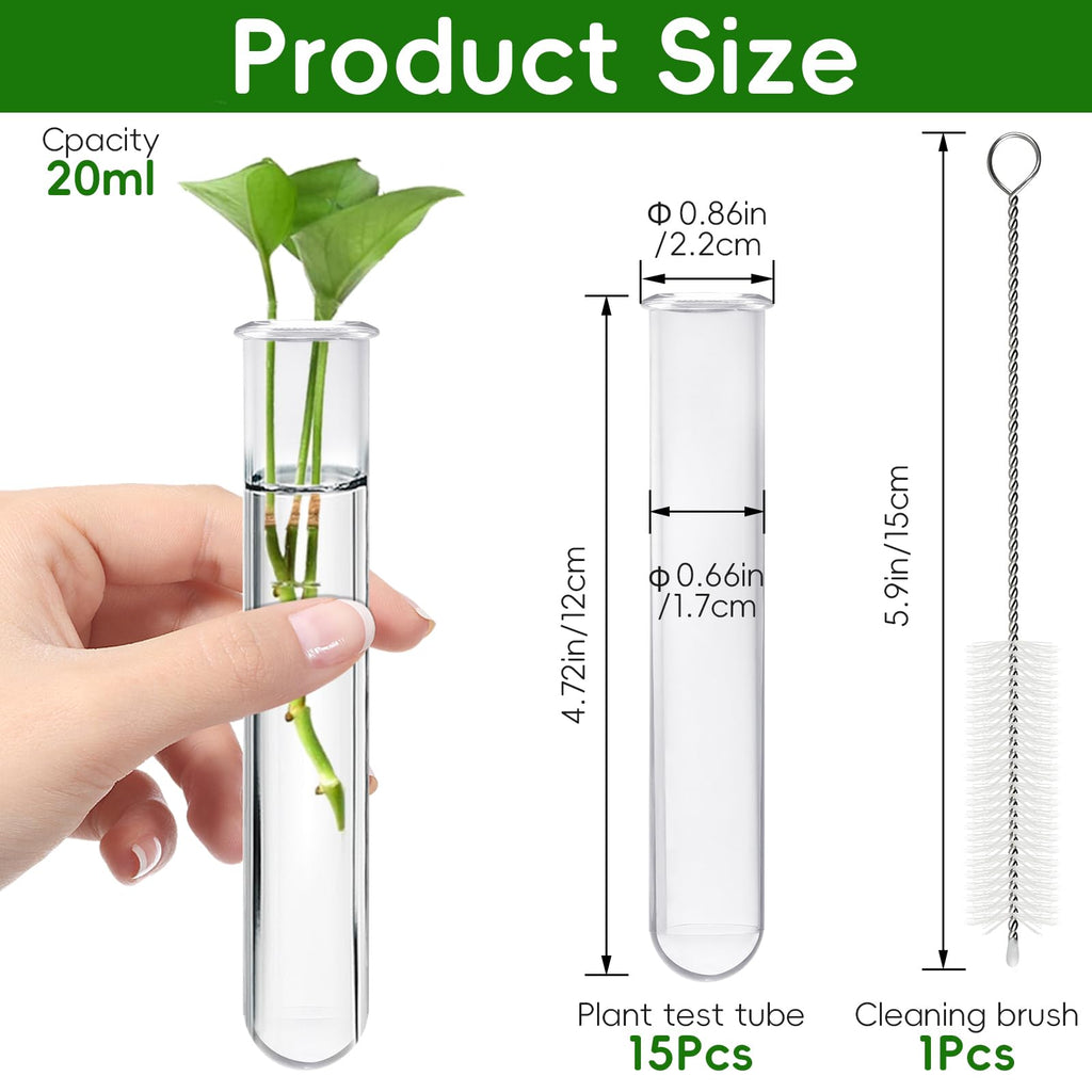 Worldity 15Pcs Clear Test Tubes for Plant, 20ml Plant Propagation Tube with Brush, Plastic Test Tubes for Hydroponic Plants, Flowers, Home Office Wall Decor (12cm), Transparent