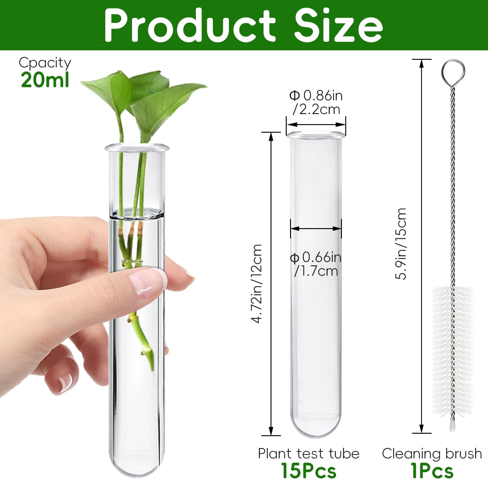 Worldity 15Pcs Clear Test Tubes for Plant, 20ml Plant Propagation Tube with Brush, Plastic Test Tubes for Hydroponic Plants, Flowers, Home Office Wall Decor (12cm), Transparent
