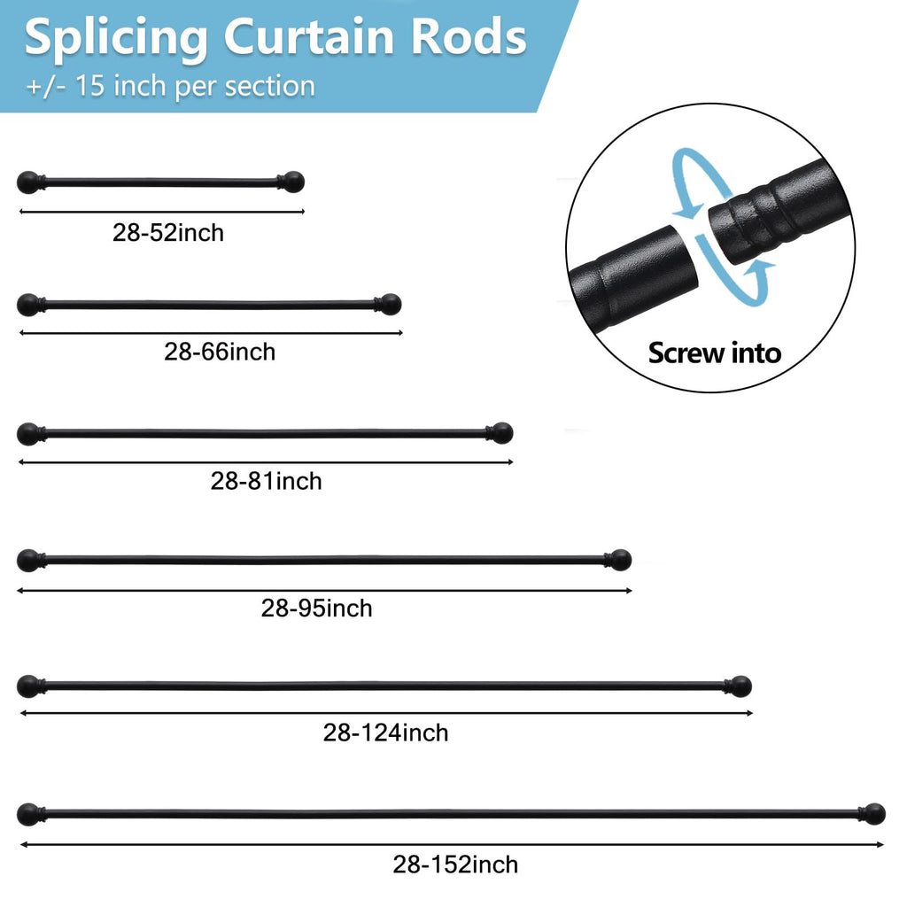 2 Pack Curtain Rods for Windows 28 to 48 Inch, 5/8 Inch Small Matte Black Curtain Rod For Bathroom, Living room, Kitchen(size：28-52 Inch)