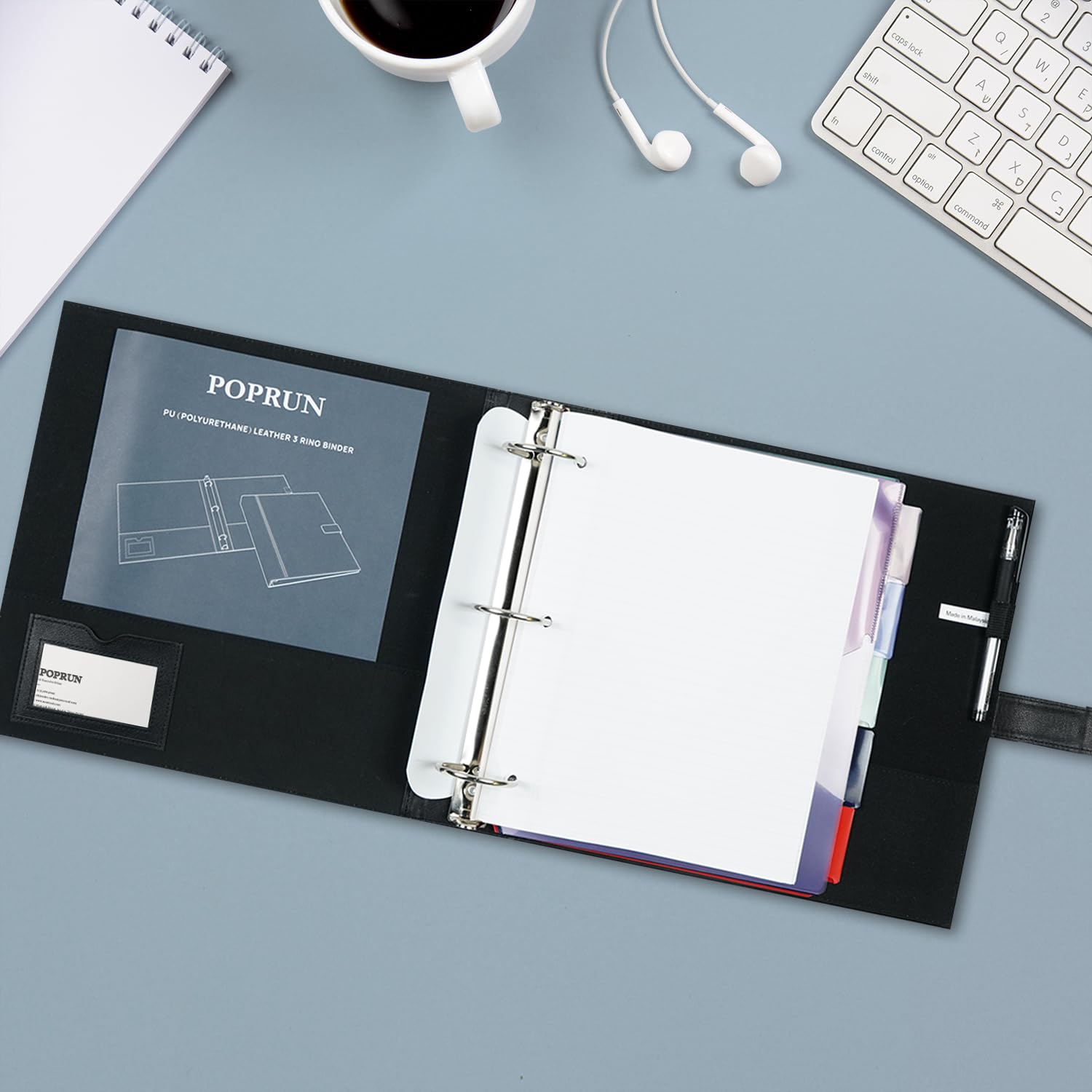 POPRUN PU Leather 3 Ring Binder, Professional Business Organizer- Includes PP Dividers, 100GSM / Grade AA Filler Papers, Card &Sticker for Tab- Ideal for Office Presentation Meetings