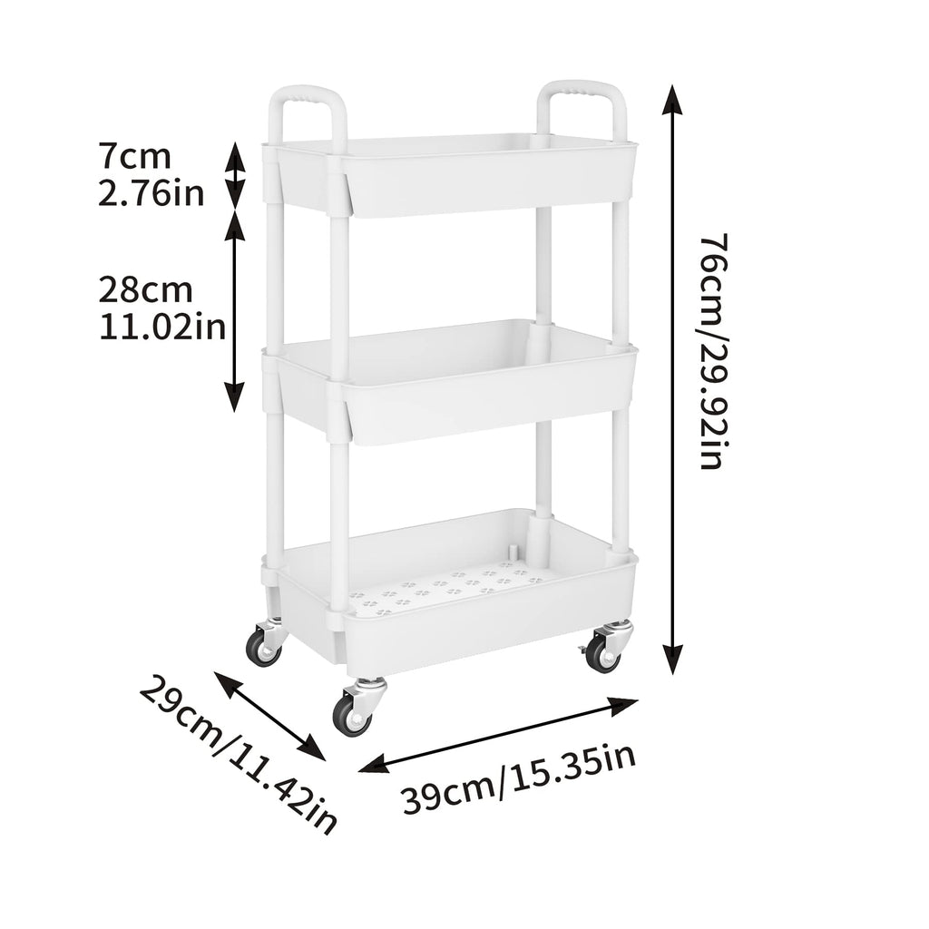 UDEAR 3-Tier Kitchen Rolling Utility Cart,Multifunction Storage Organizer with Handle and 2 Lockable Wheels for Kitchen,Bathroom,Living Room,Office,White