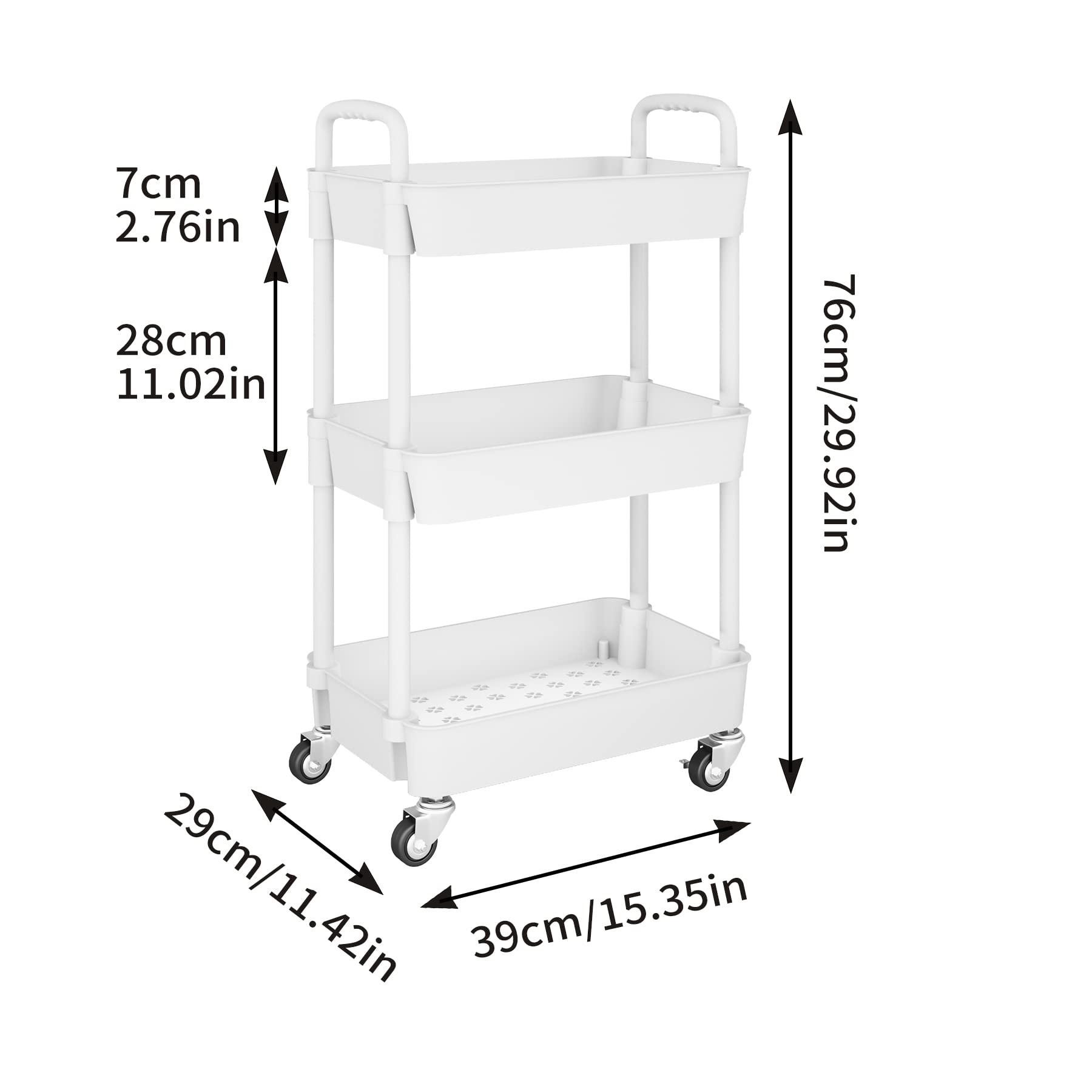UDEAR 3-Tier Kitchen Rolling Utility Cart,Multifunction Storage Organizer with Handle and 2 Lockable Wheels for Kitchen,Bathroom,Living Room,Office,White