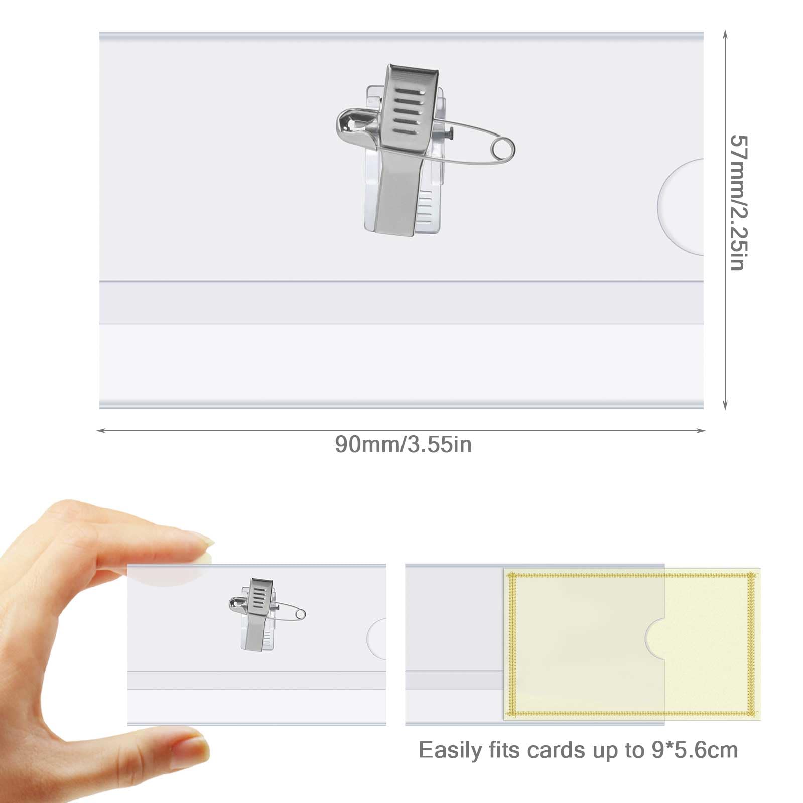 BUYGOO 100 Pack Combi Clip Name Badge Holders with Pin, Name Tag Pins, Badge Pin Holder, Horizontal Clear Badges with Pins for School, Offices, Events, Conference (3.55×2.25 inch)