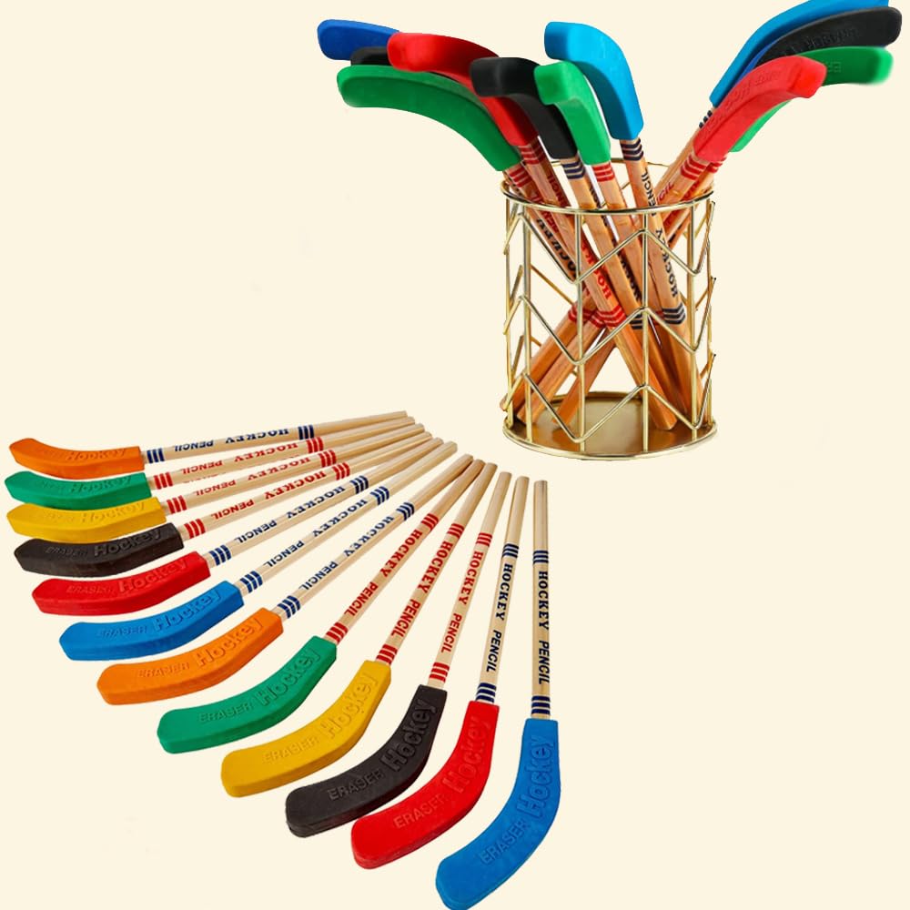 24 Pcs Hockey Pencils Hockey Stick Pencil with Erasers, Party Bag Fillers Sport Themed Party Favors Decorations for Sports Fans,Students Reward Gifts and School Prize