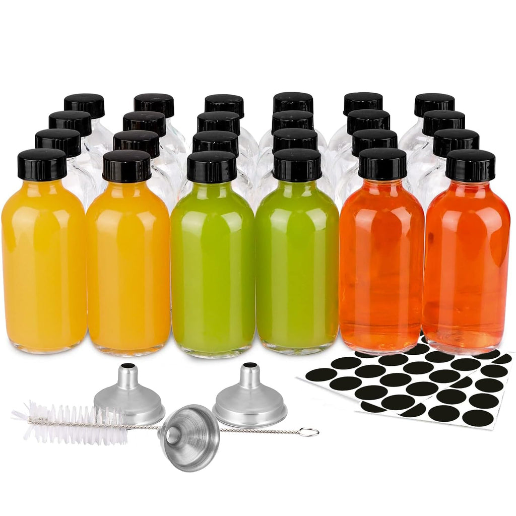 24 Pack 2 oz Small Clear Glass Bottles with Lids & 3 Funnels, 60ml Boston Round Sample Bottles, Boston Sample Mini Travel Bottles for Potion, Juice, Ginger Shots, Oils, Whiskey, Wellness Shots
