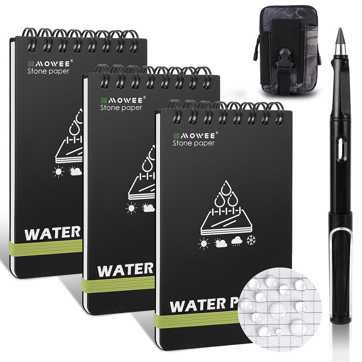 MOWEE Waterproof Notebook set of 5，3 x 5 Stone Paper Pocket Notepads，Portable All Weather Notebooks for Indoor & Field Police Notepad w/3pcs Small Spiral Note book, Pen & Storage Bag (5pcs, Black)