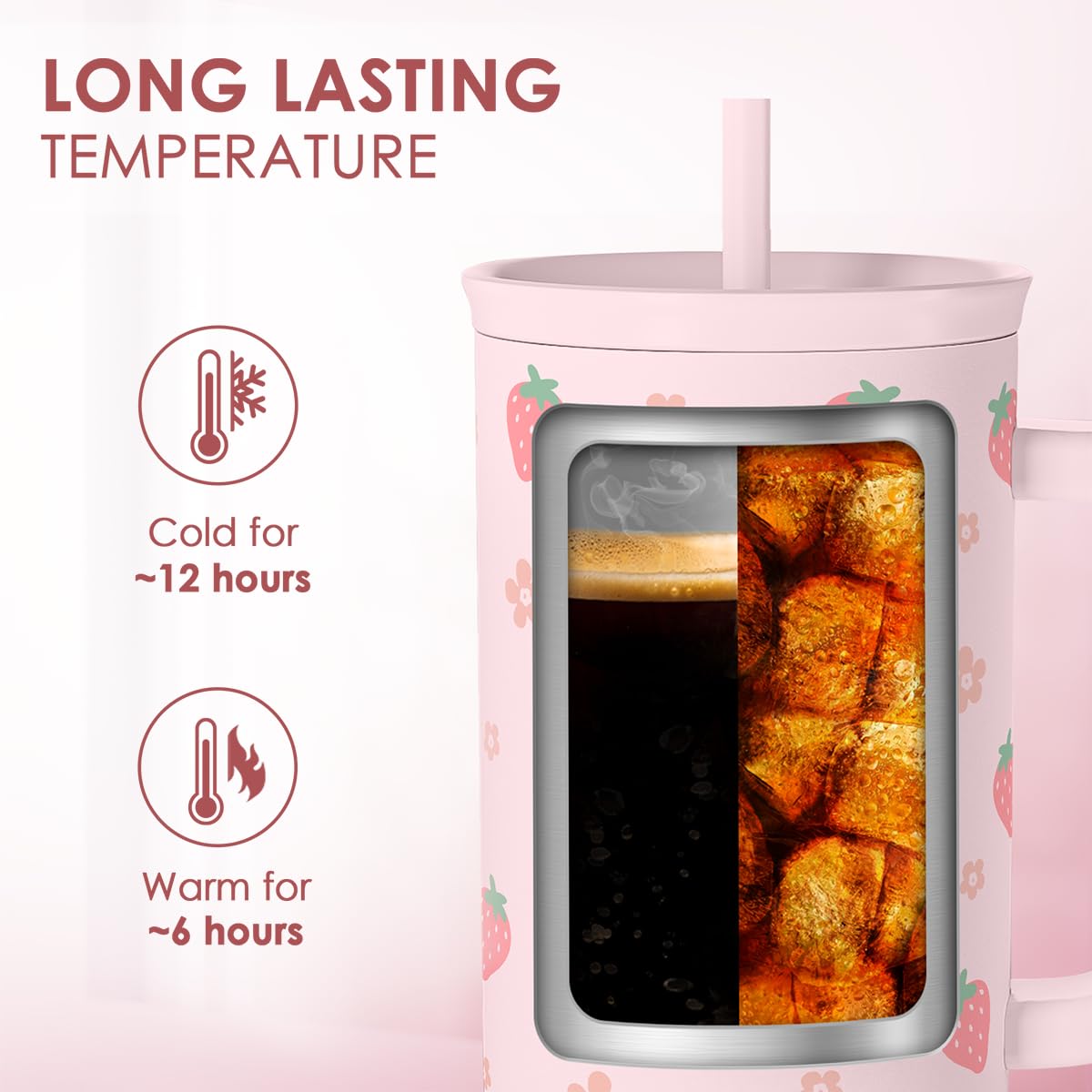 SANDJEST Strawberry Tumbler with Handle 40oz – Insulated Stainless Steel Travel Coffee Mug Cup for Girls Women, Gift for Christmas, Birthday