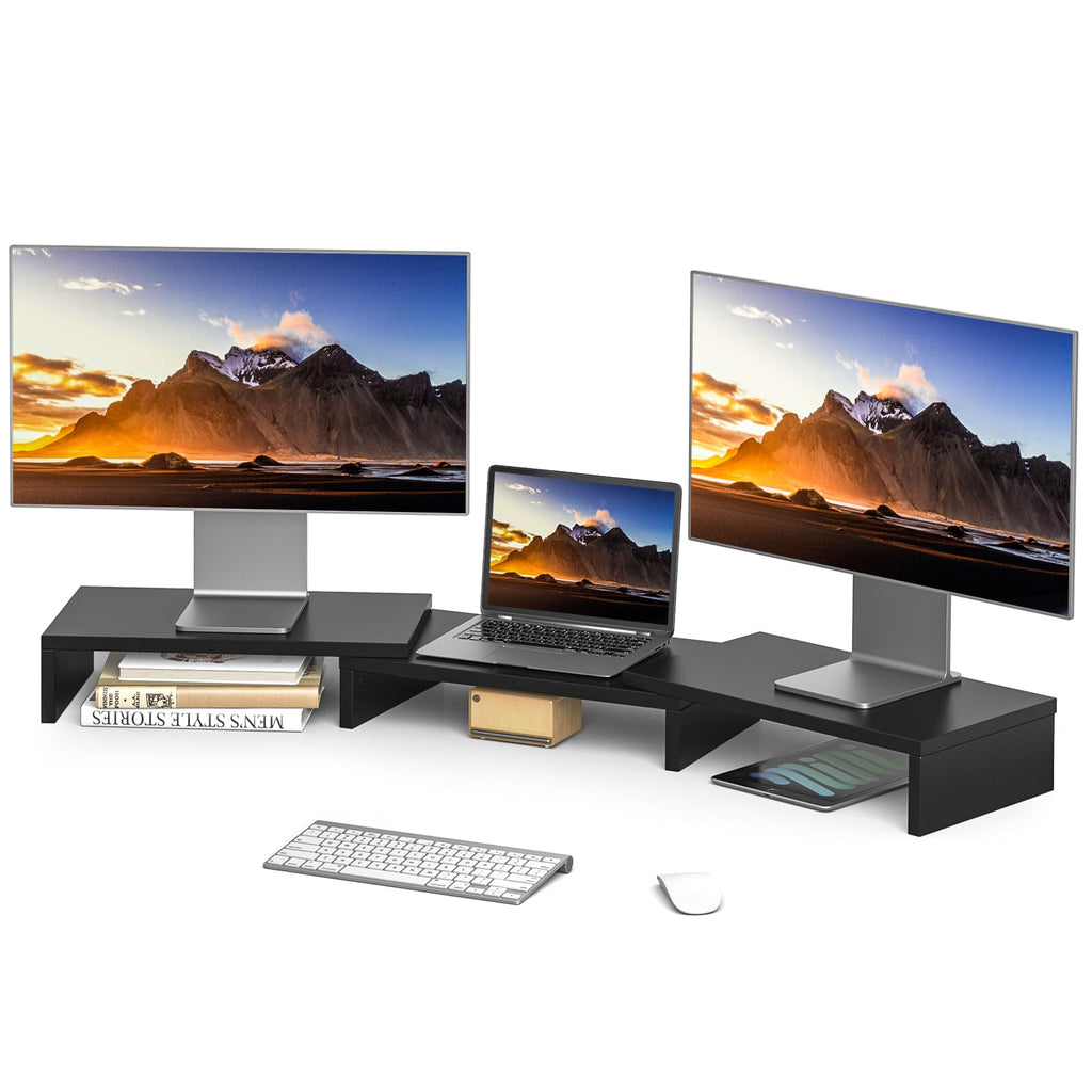 Rfiver Dual Monitor Stand Riser, Adjustable Length (30.7-43.3") & Angle, Large Wooden Desktop Organizer with Storage Shelf for Laptop, Monitors, Home Office Desk, Black