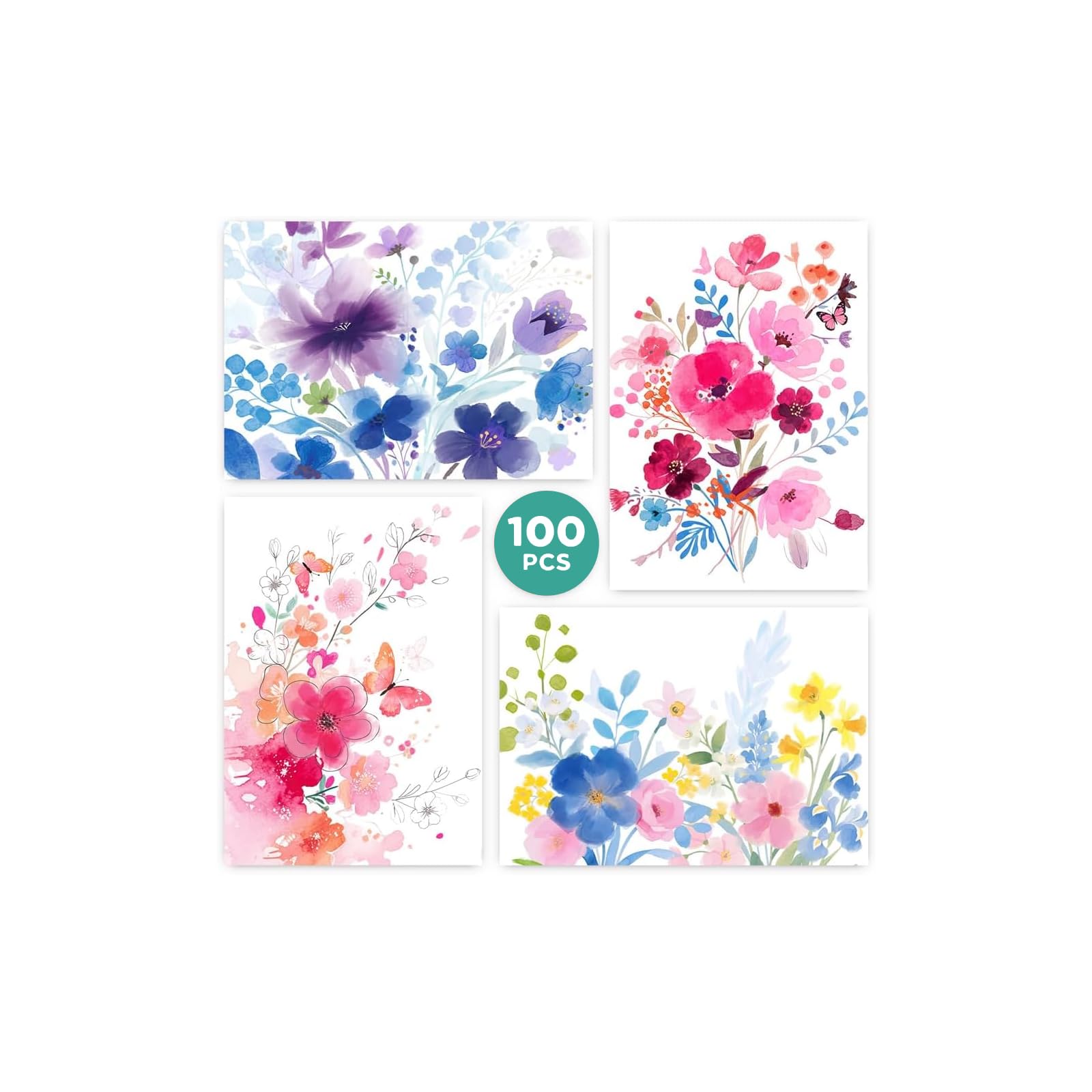 100 Pack Blank Cards and Envelopes, 3.5 x 5 Inch Watercolor Flowers Blank Greeting Cards, Note Cards Blank Inside, Blank Cards for All Occasions Bulk