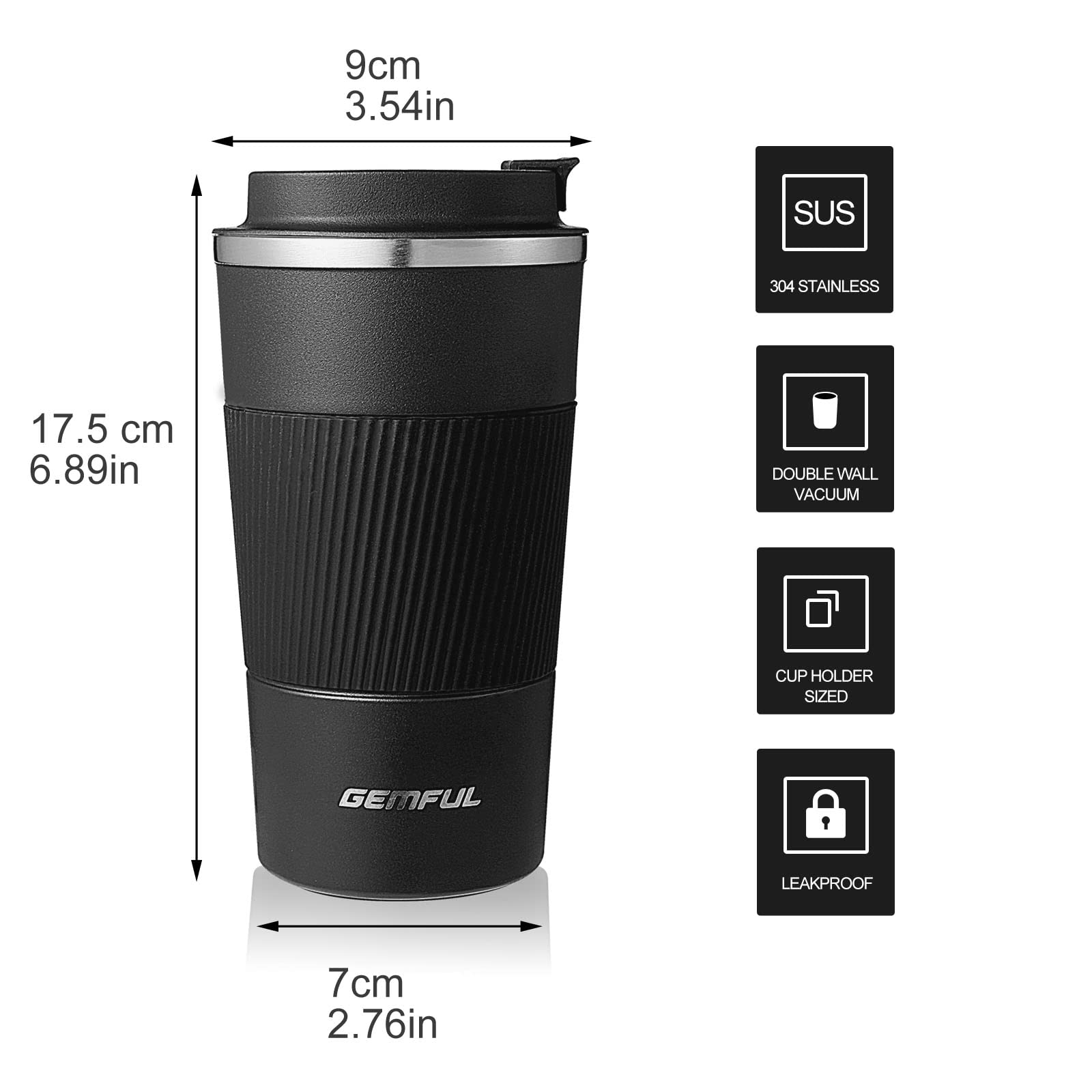 GEMFUL 17 oz Travel Coffee Mug Insulated Leak Proof Coffee Cup with Lid Stainless Steel to Go Coffee Tumblers for Men Women Hot Drinks Office Tasse a Cafe isotherme Black