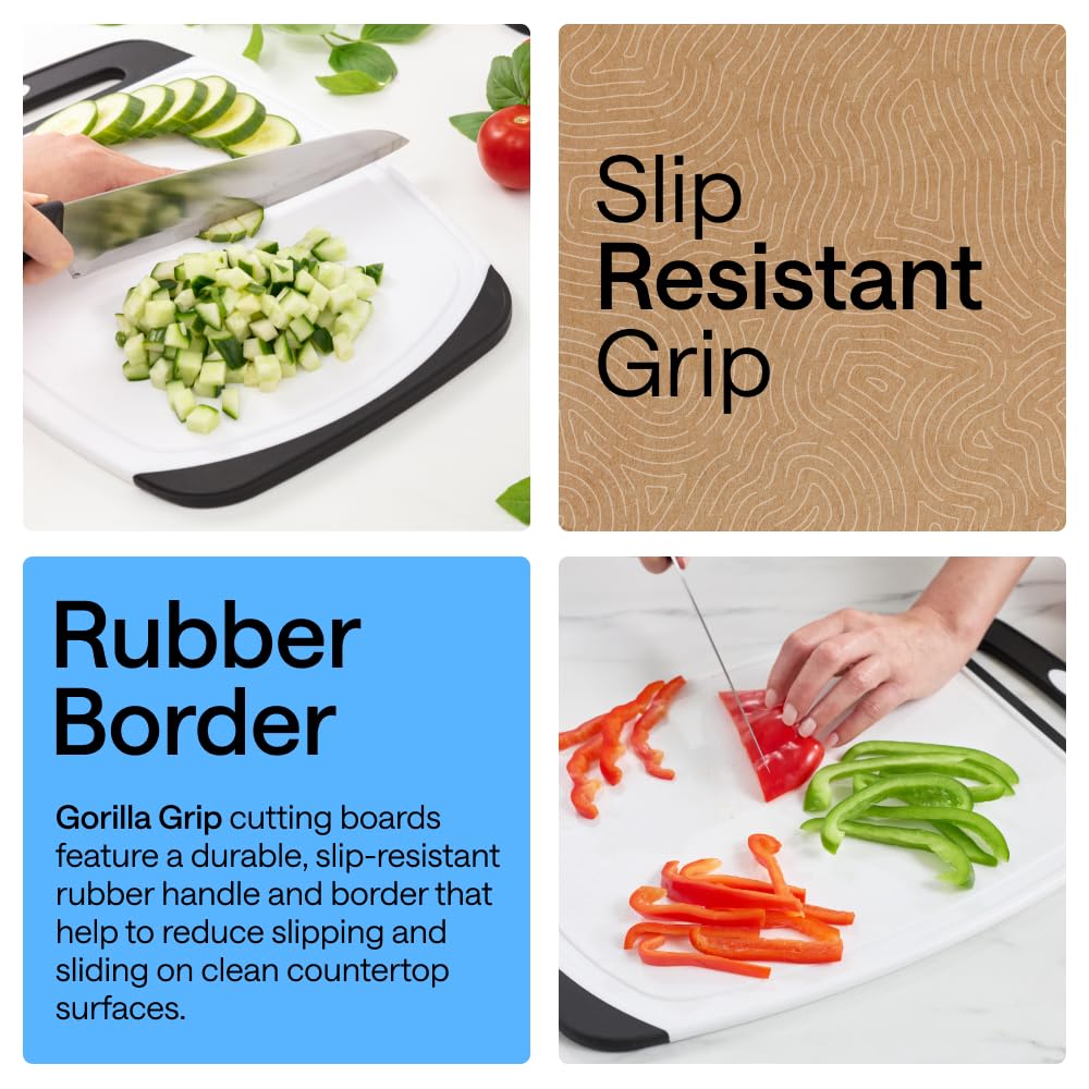 GORILLA GRIP Durable Cutting Board Set of 3, Multiple Sizes, Reversible and Oversized, Easy Grip Handle, Juice Grooves, Dishwasher Safe, Large Kitchen Chopping Boards, Meat, Veggies, Black