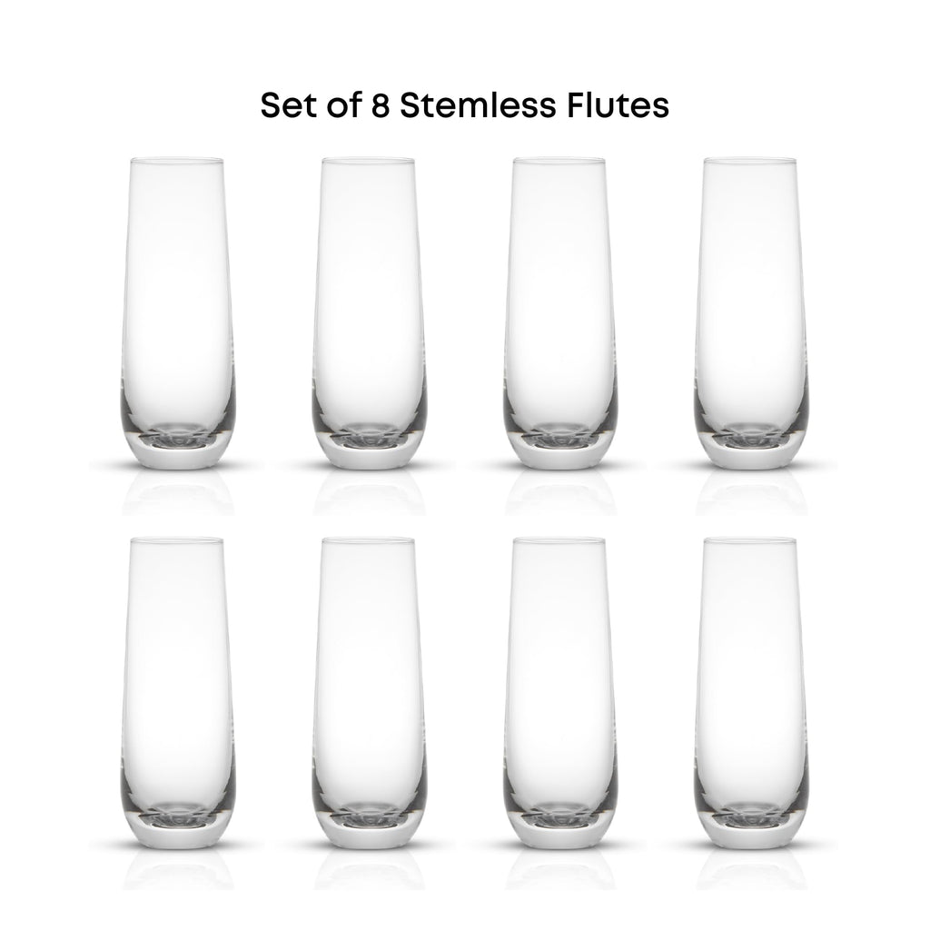 JoyJolt Milo Stemless Champagne Flutes Set of 8 Crystal Glasses. 9.4oz Champagne Glasses. Prosecco Wine Flute, Mimosa Glasses Set, Cocktail Glass Set, Water Glasses, Highball Glass, Bar Glassware